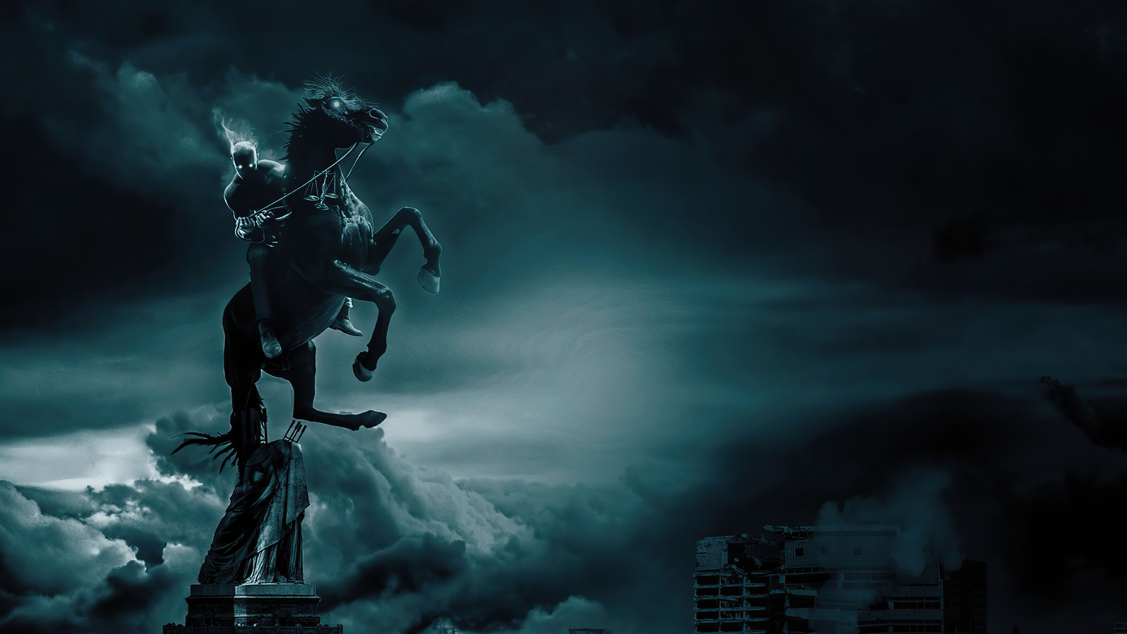 Warrior on a rearing horse statue over a ruined city HD Wallpaper