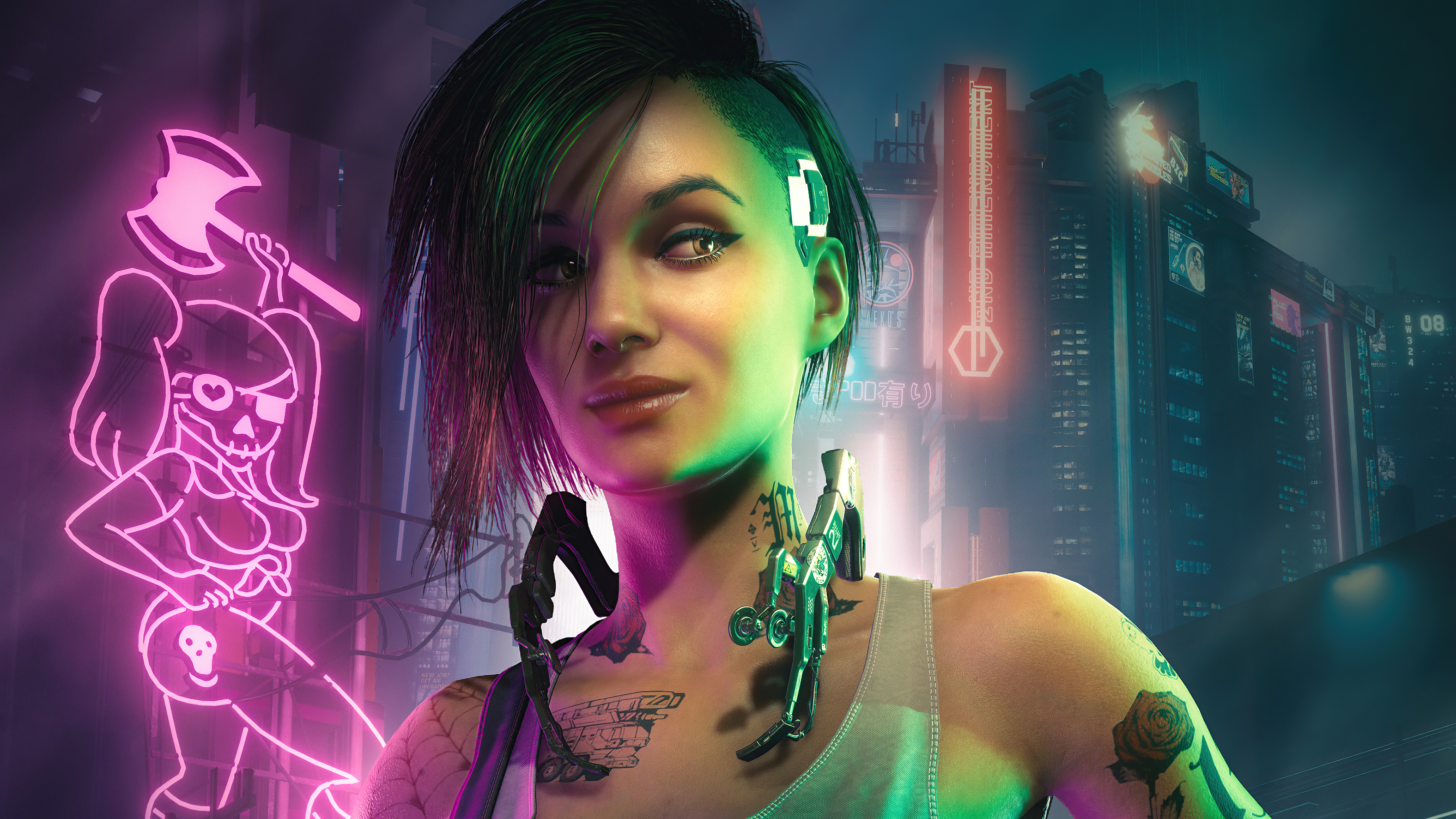 Female character from Cyberpunk 2077 with neon signs HD Wallpaper