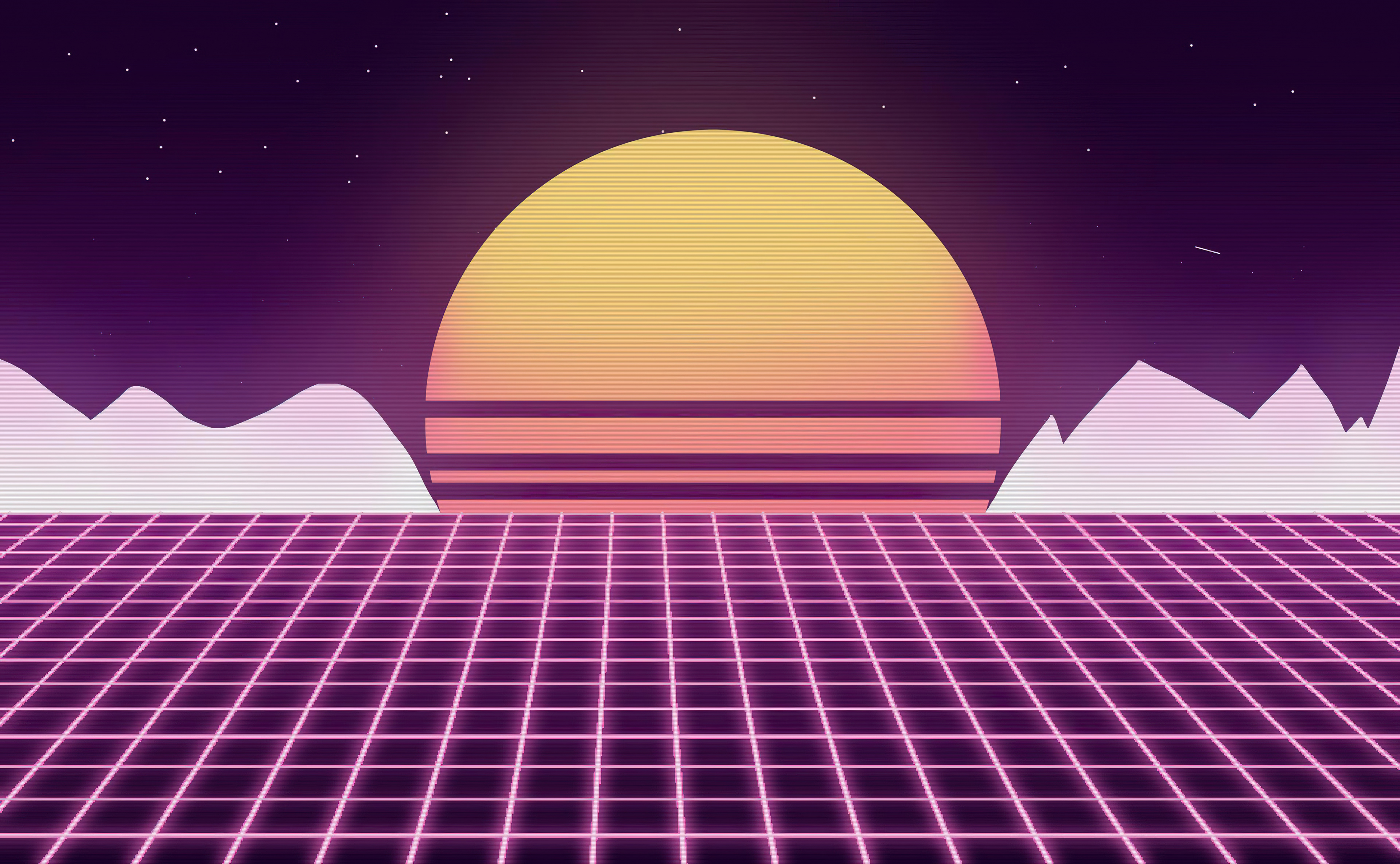 Retrowave digital art with neon grid and sunset HD Wallpaper