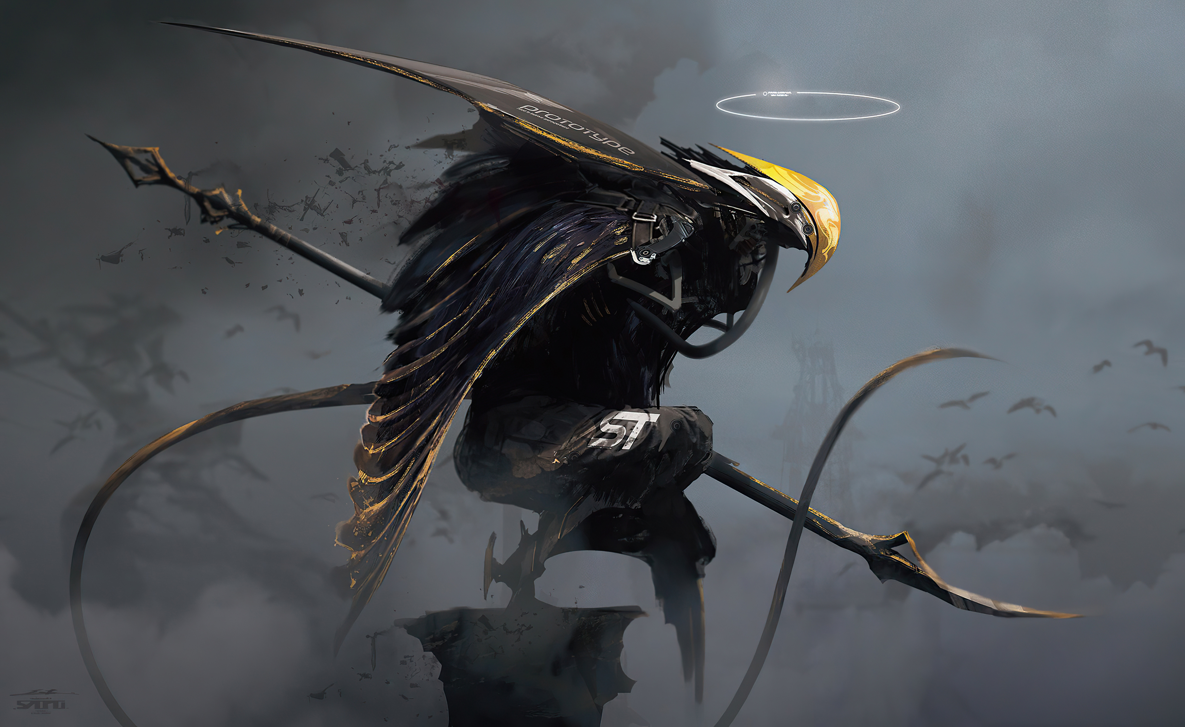 Artwork of a mechanical bird-like creature with a halo HD Wallpaper