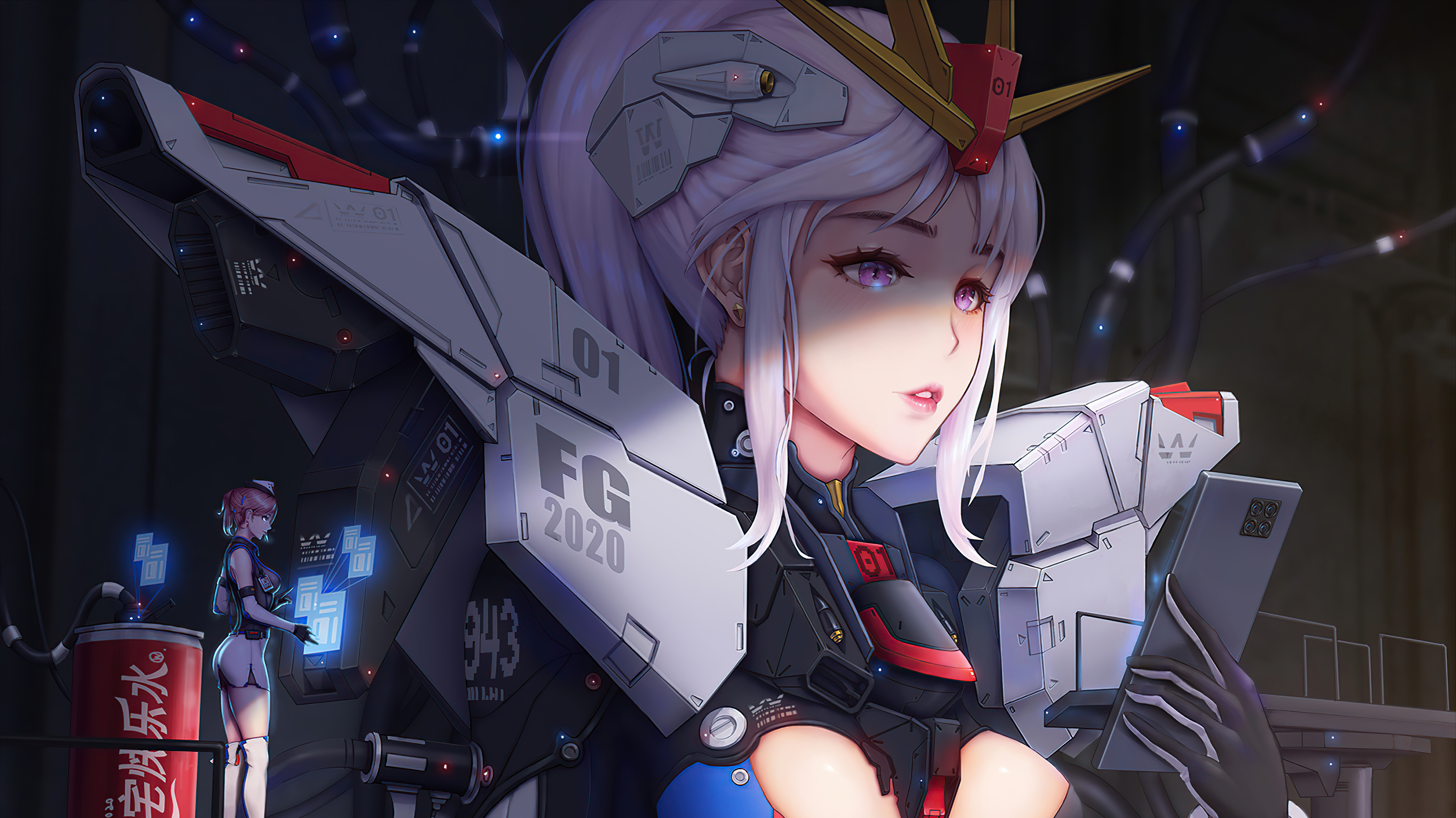 Girl in Gundam armor with nurse in futuristic lab HD Wallpaper