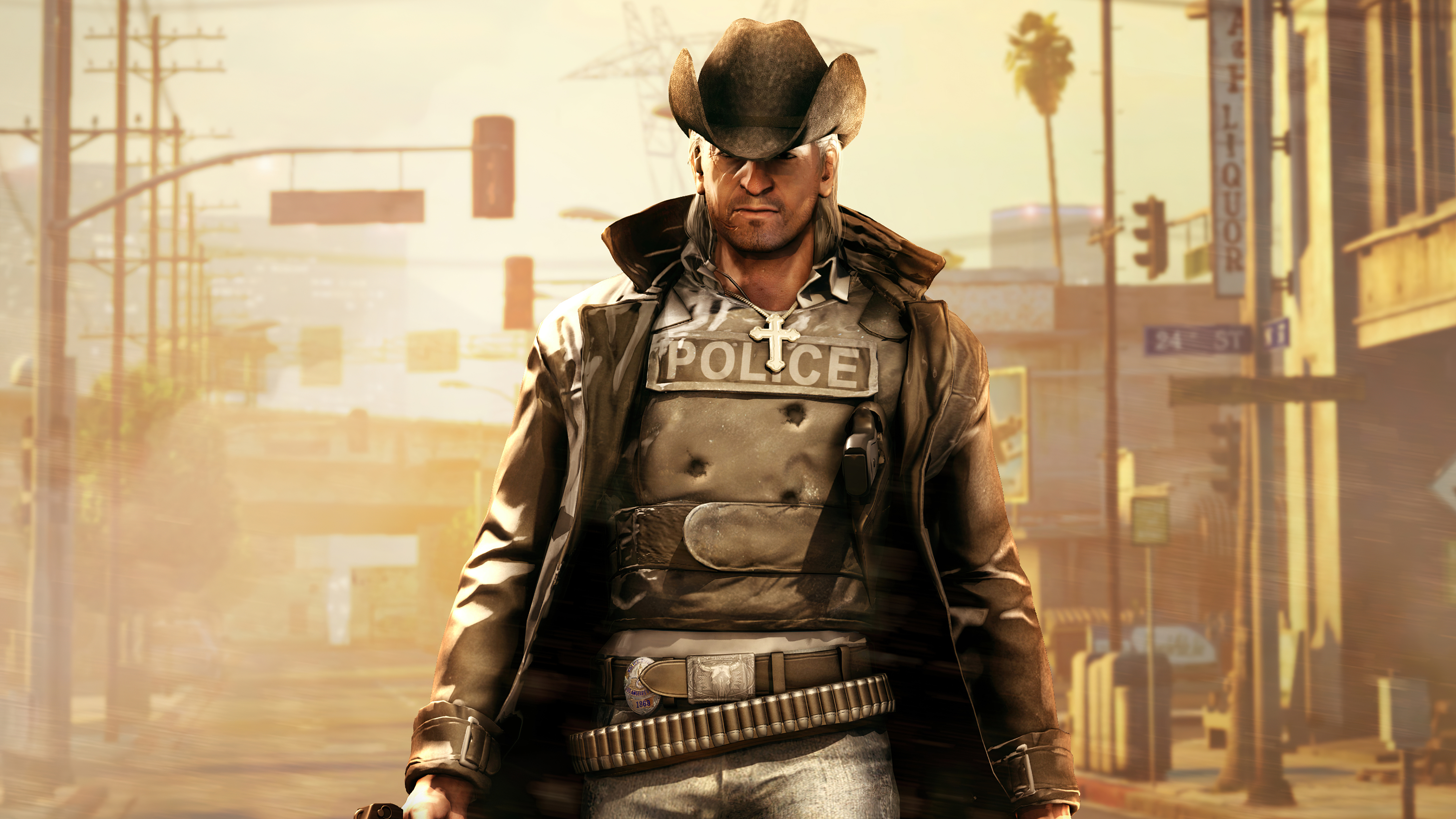 Man in cowboy hat and police vest in city HD Wallpaper