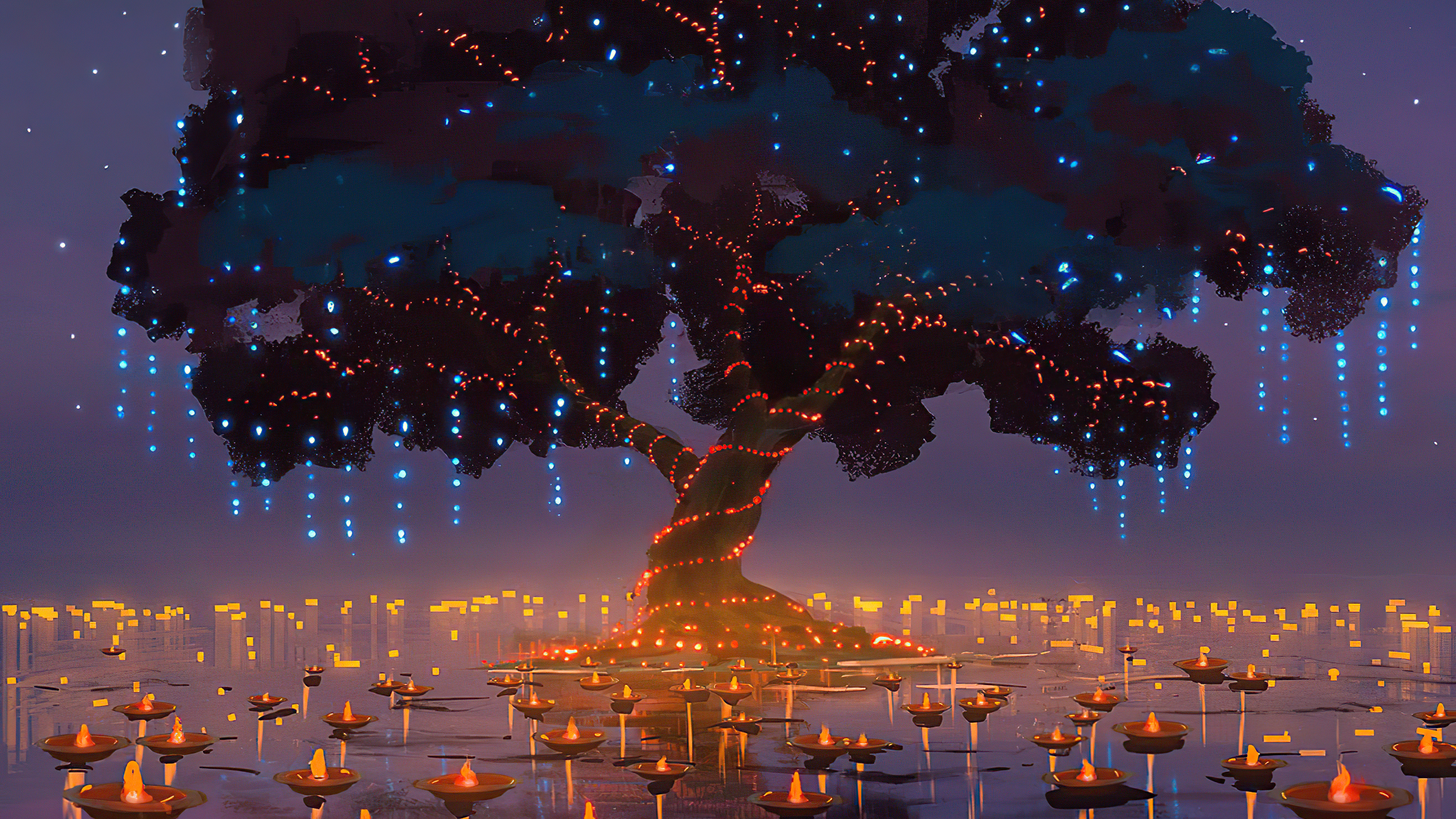 Digital art of a tree with lights and lanterns HD Wallpaper