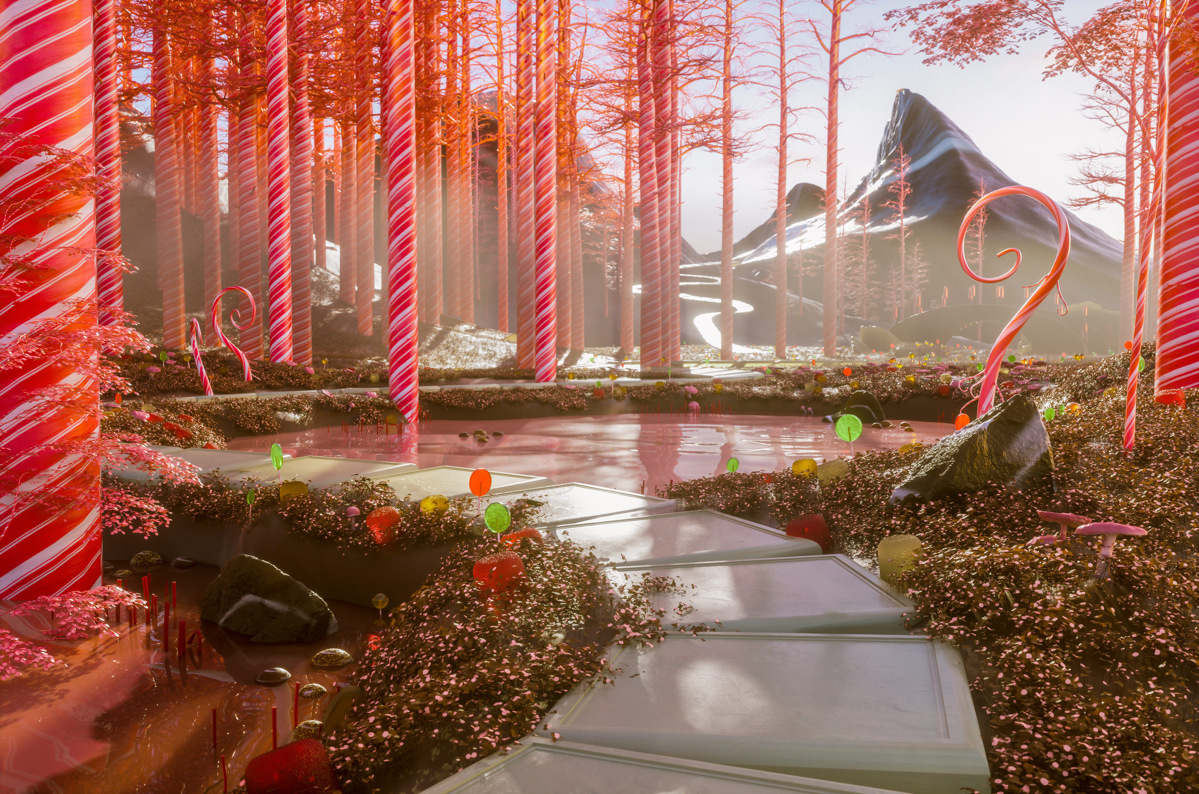 Candy forest with lollipop trees and a pink river HD Wallpaper
