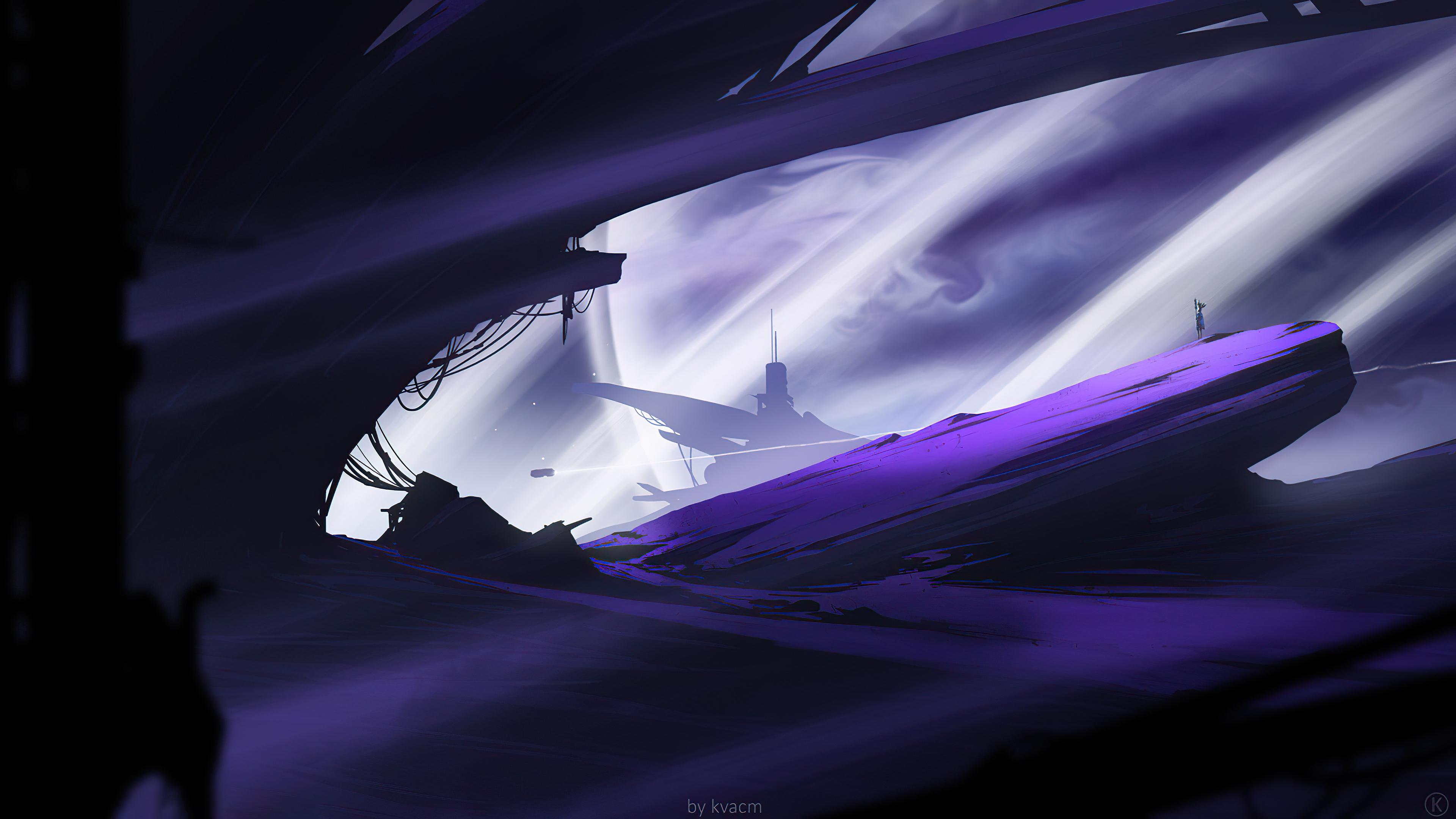 Sci-fi landscape with futuristic structures and a lone figure HD Wallpaper