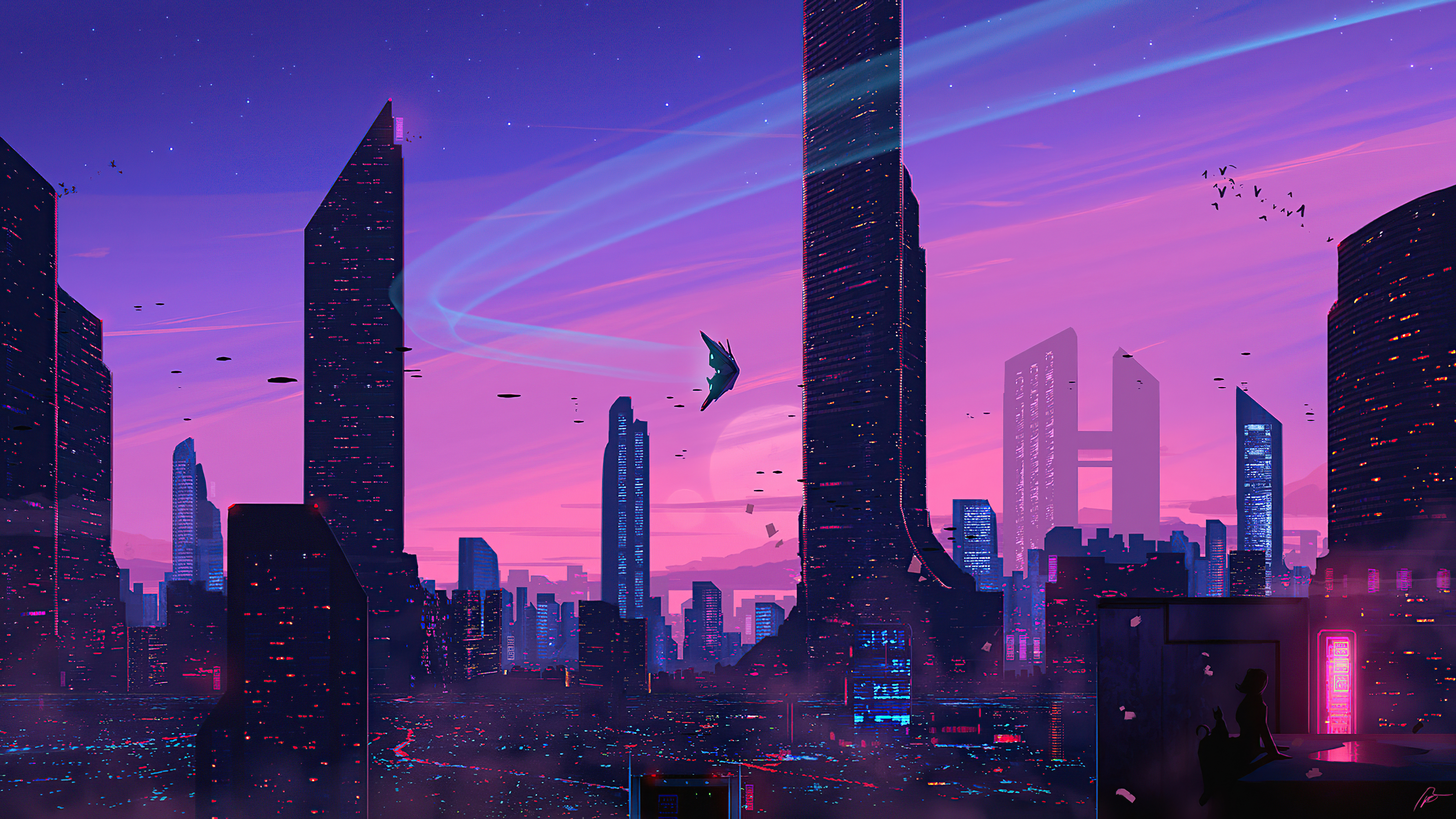 Sci-fi city skyline at sunset with flying vehicles HD Wallpaper