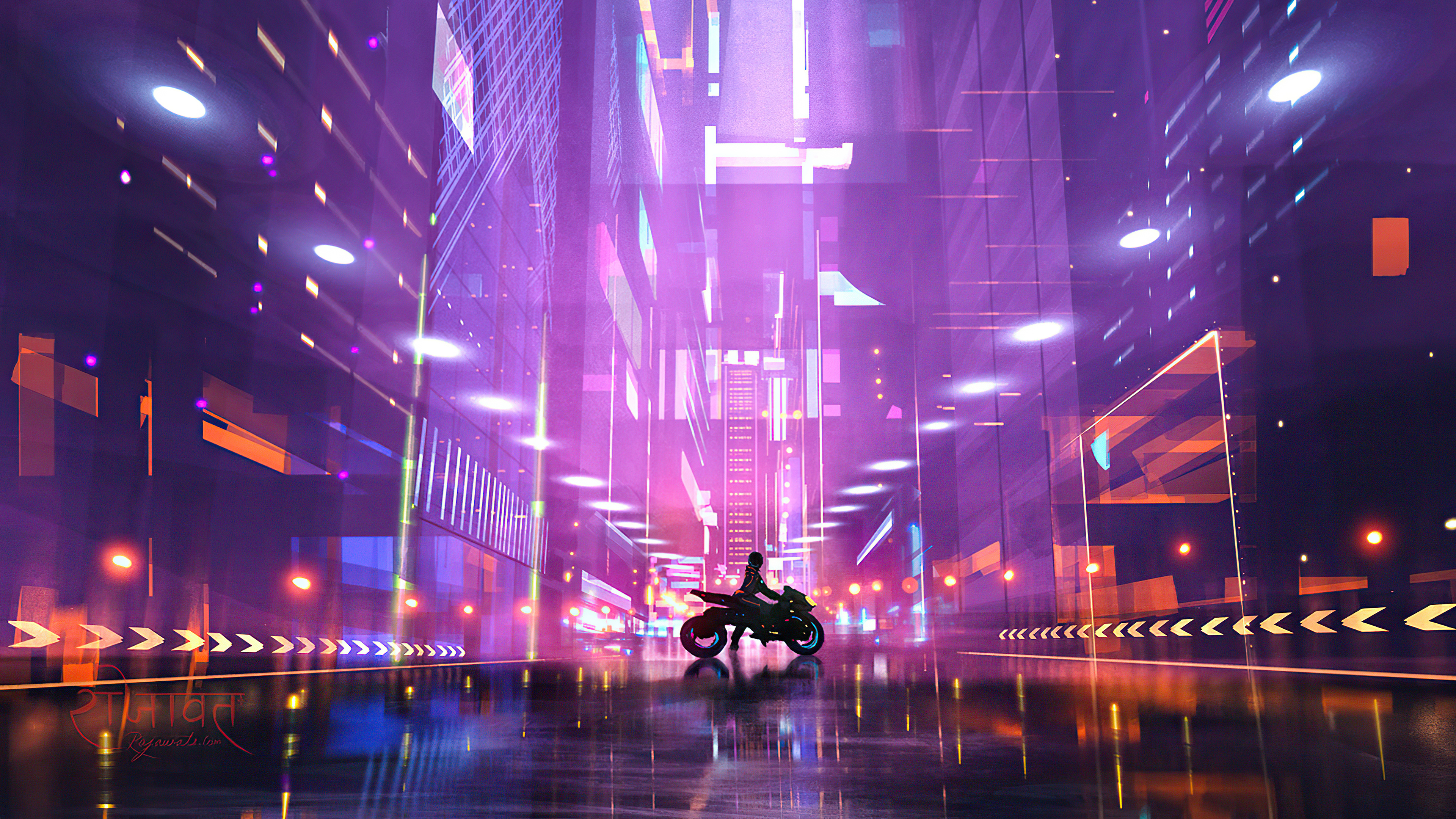 Cyberpunk city street with a person on a motorcycle HD Wallpaper
