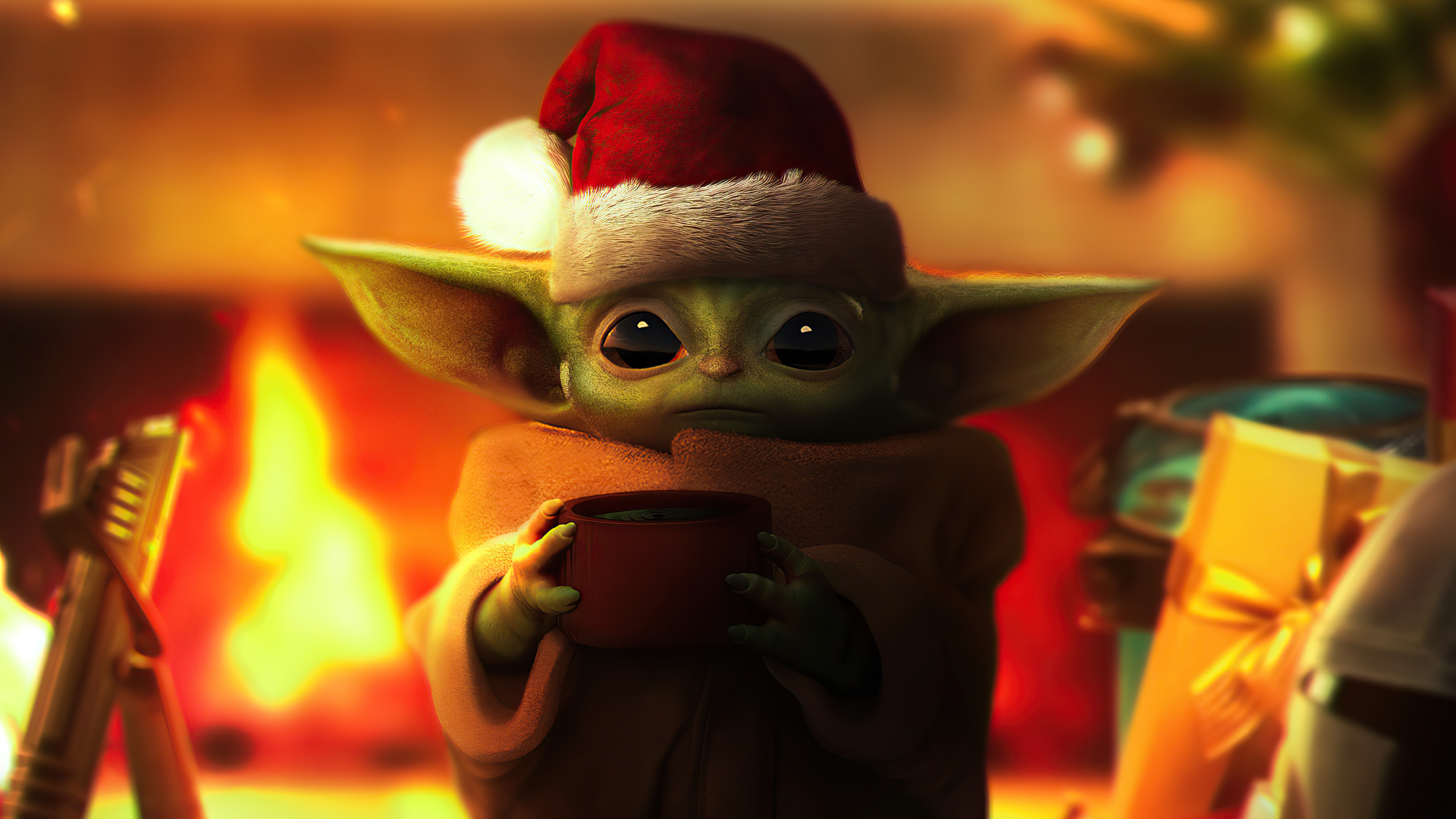 Baby Yoda from The Mandalorian wearing a Santa hat HD Wallpaper
