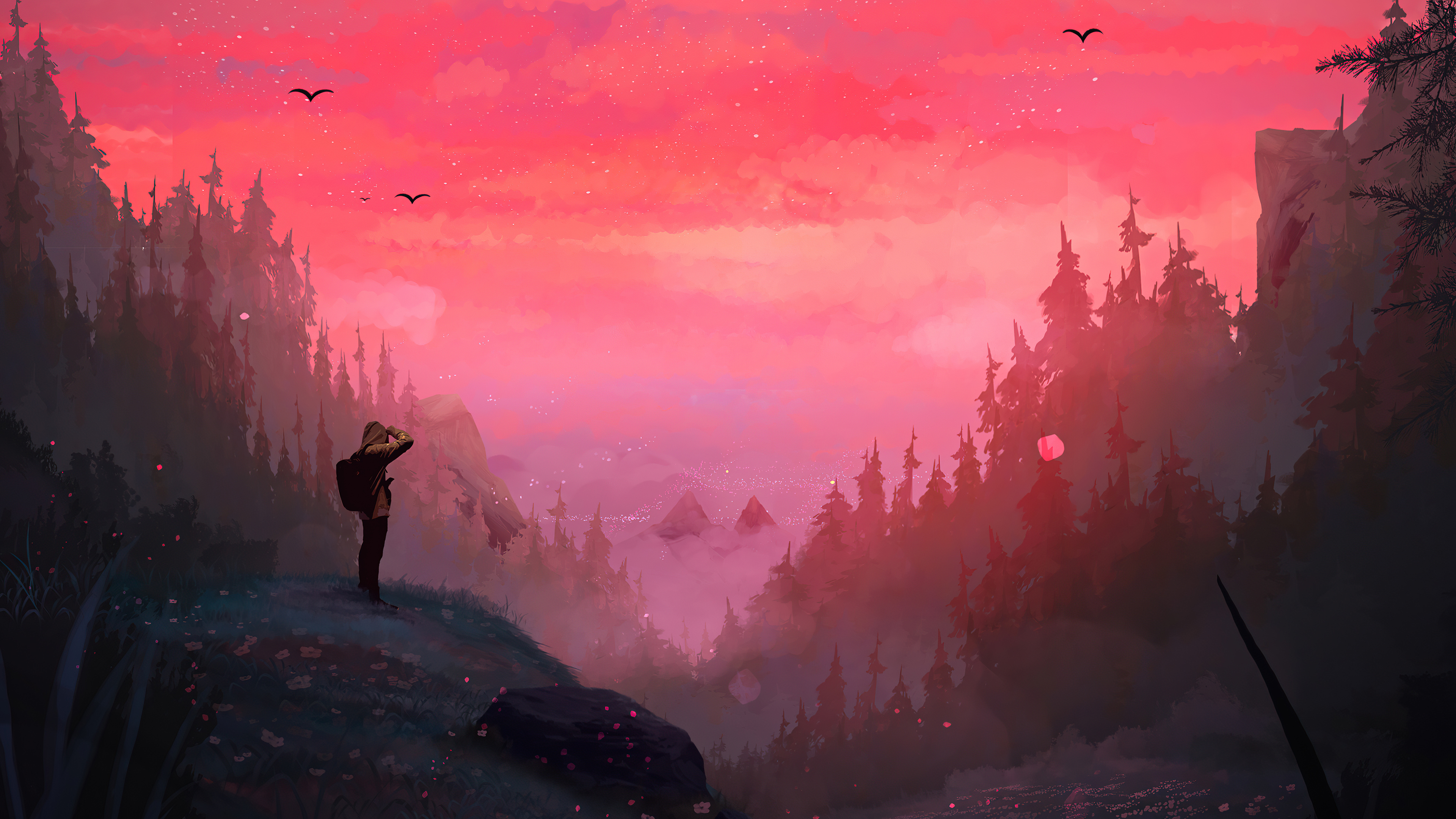 Digital art of a person on a mountain overlooking a forest HD Wallpaper