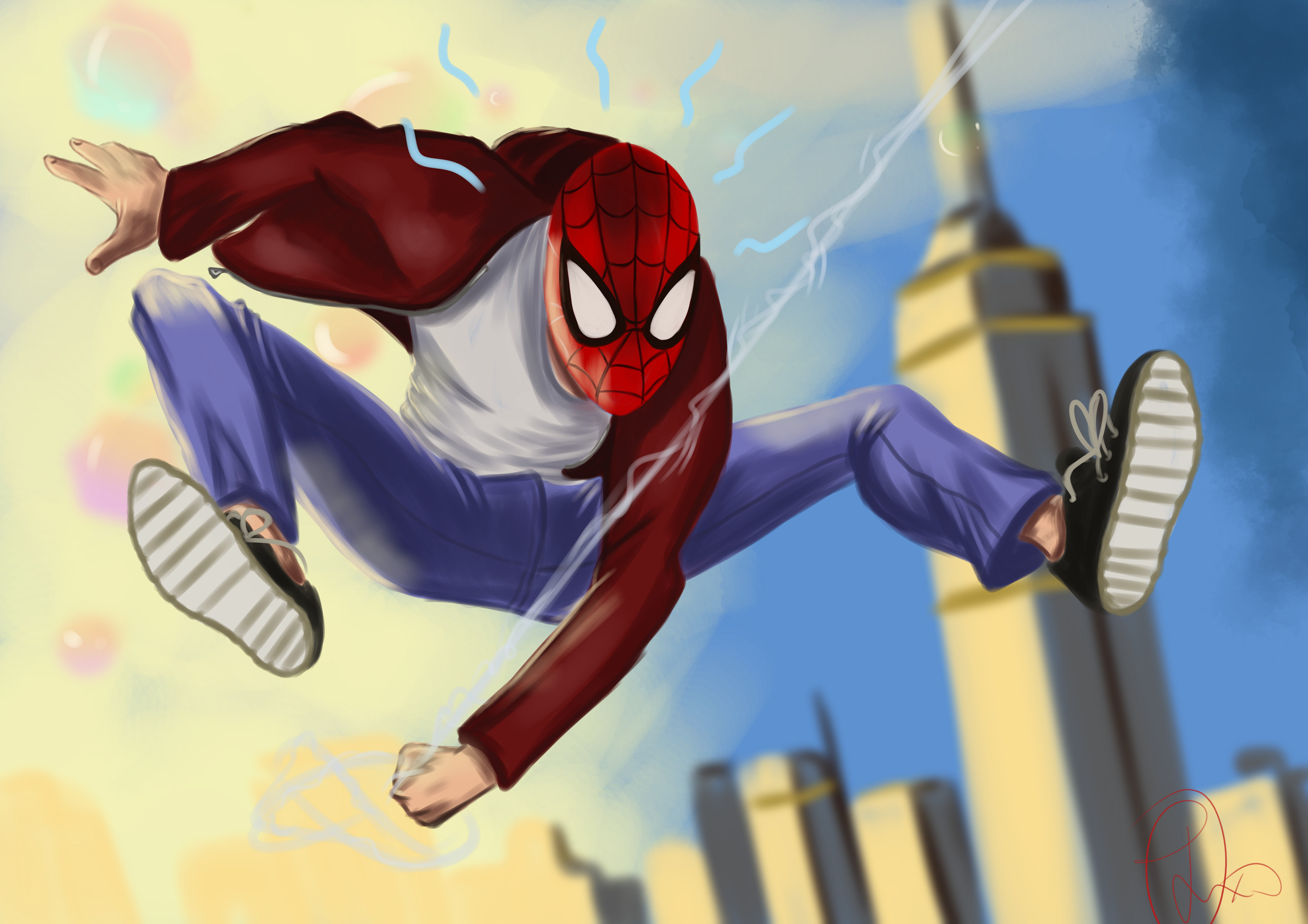 Spider-Man in casual clothes swinging through a city HD Wallpaper