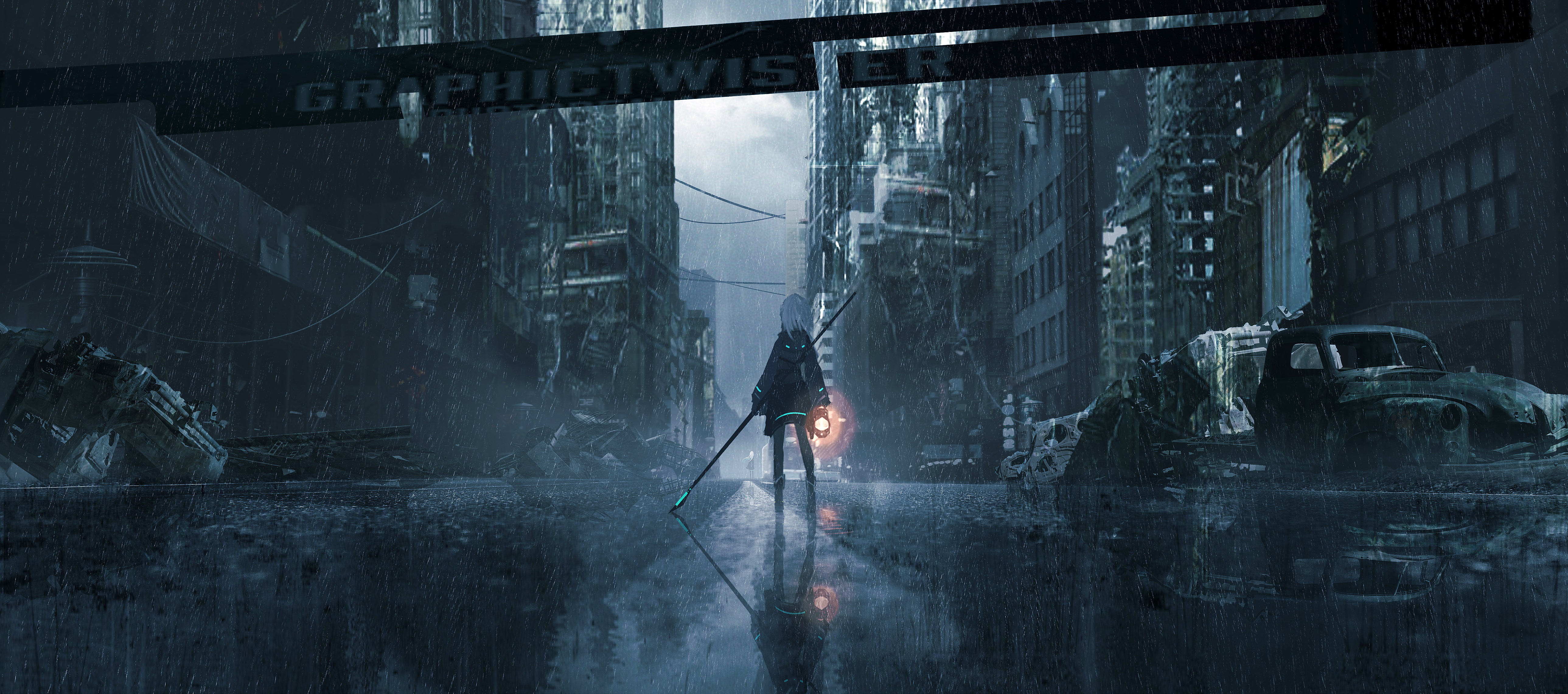 Anime girl with lantern in ruined city HD Wallpaper