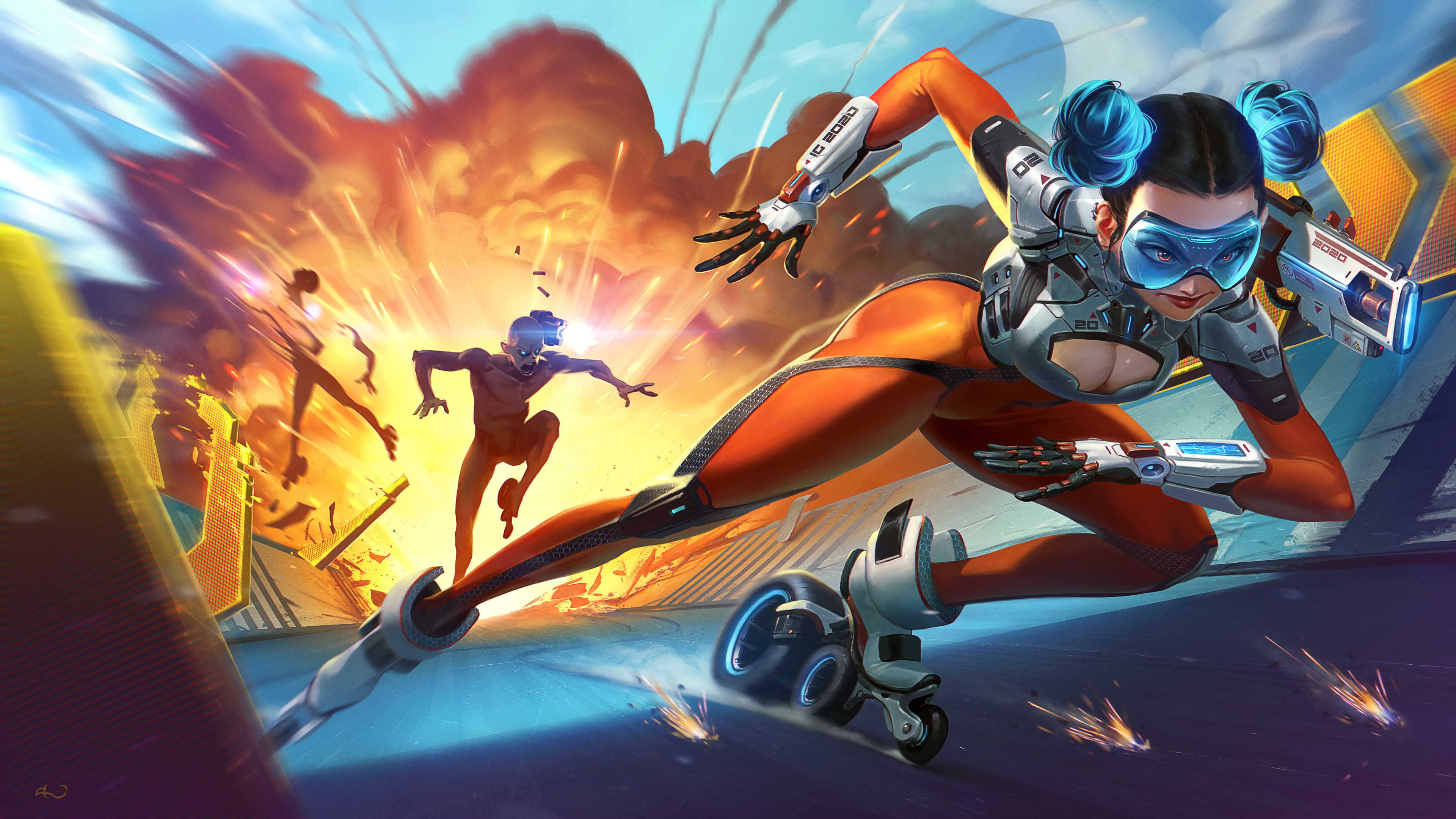 Woman in futuristic suit with roller skates and guns HD Wallpaper