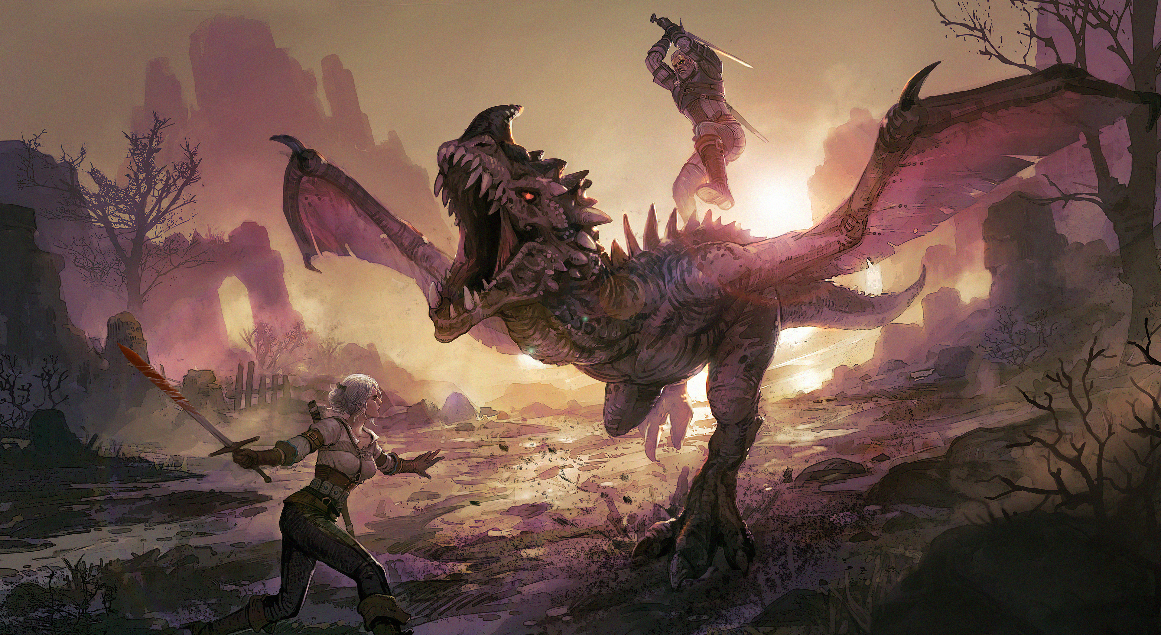 The Witcher 3: Wild Hunt artwork of Geralt fighting a dragon HD Wallpaper