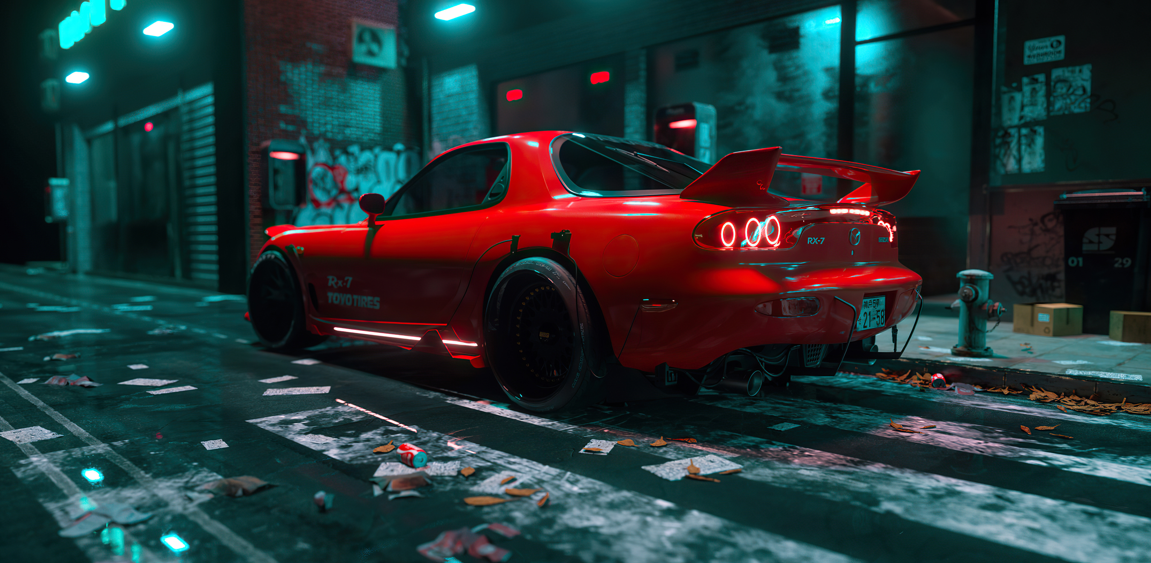 Red Mazda RX7 Sports Car in Neon Alley HD Wallpaper