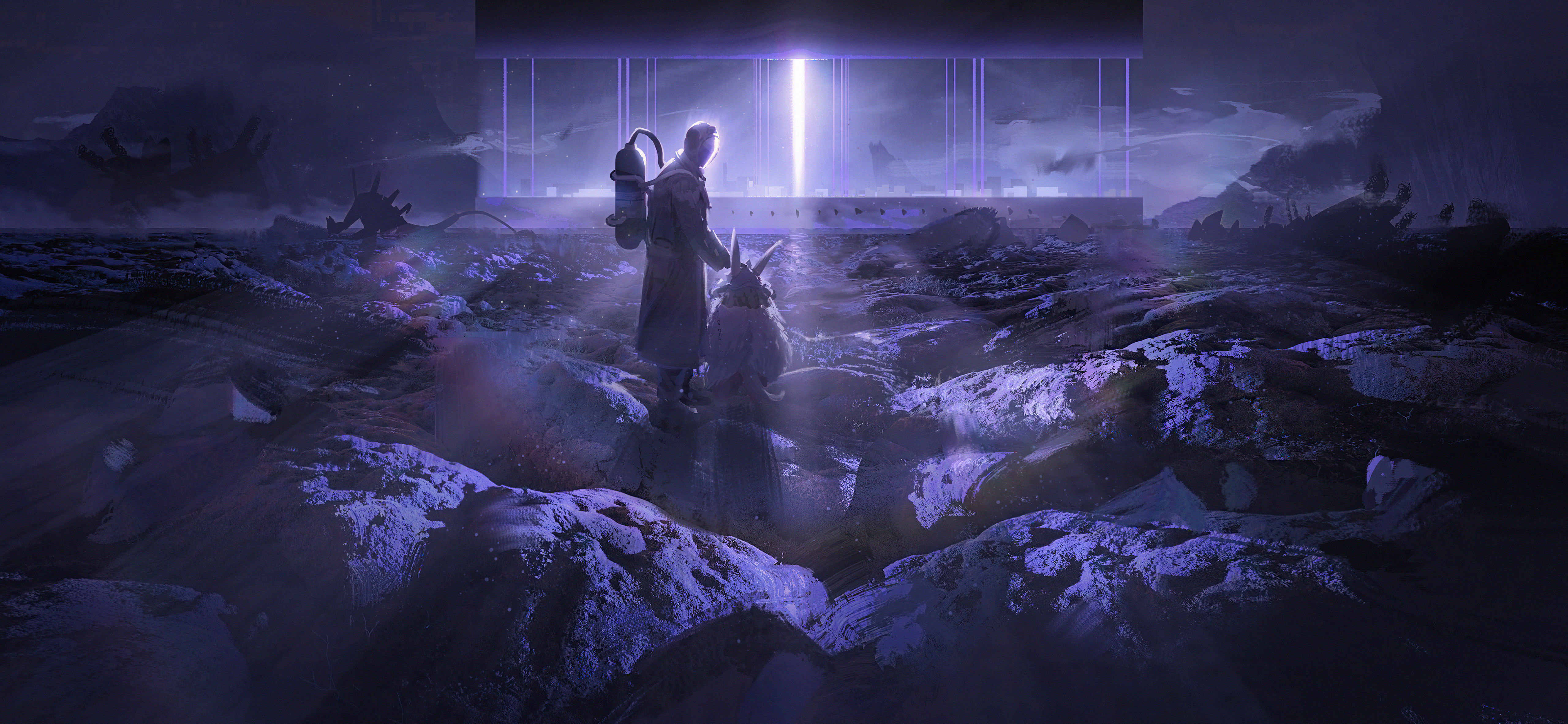 Man and creature in a desolate landscape with a glowing portal HD Wallpaper