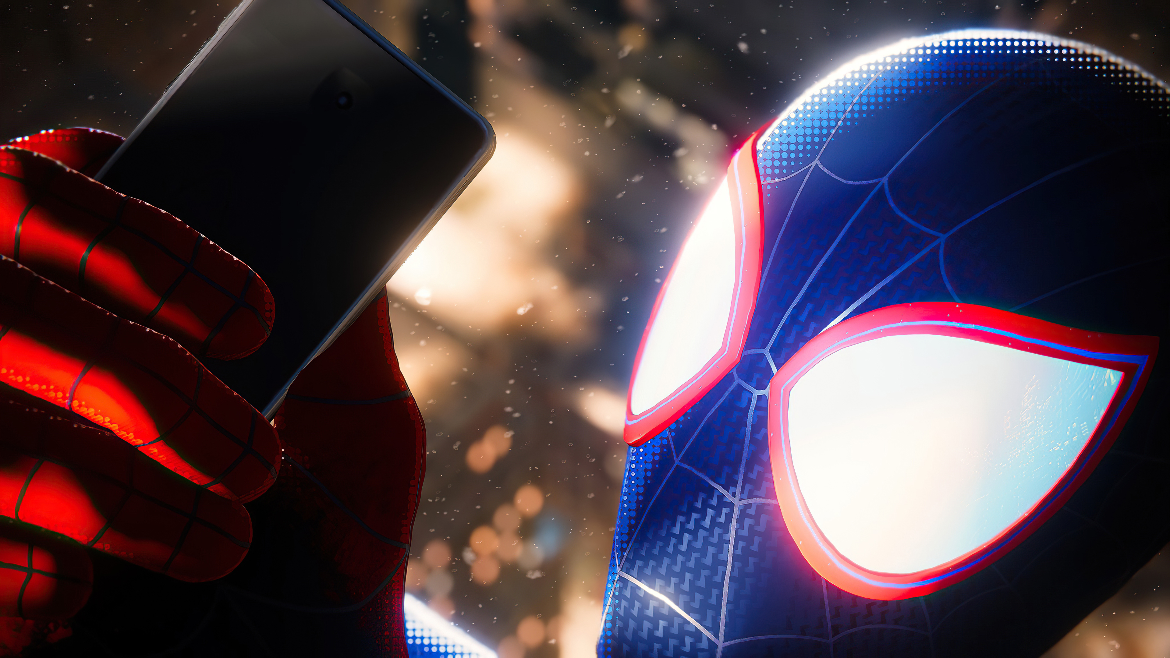 Spider-Man Miles Morales holding a smartphone HD Wallpaper