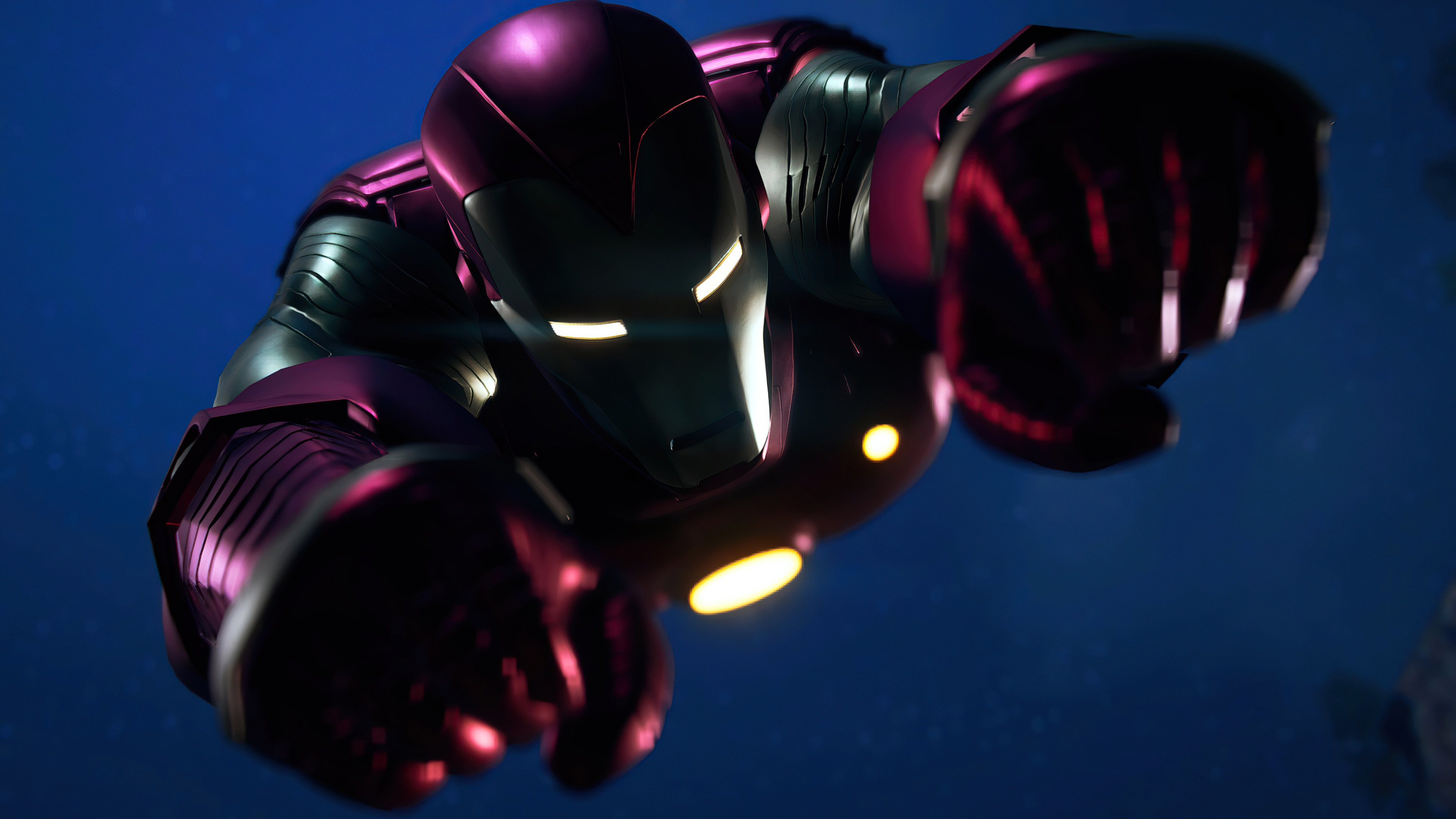 Iron Man in a purple and black suit flying HD Wallpaper