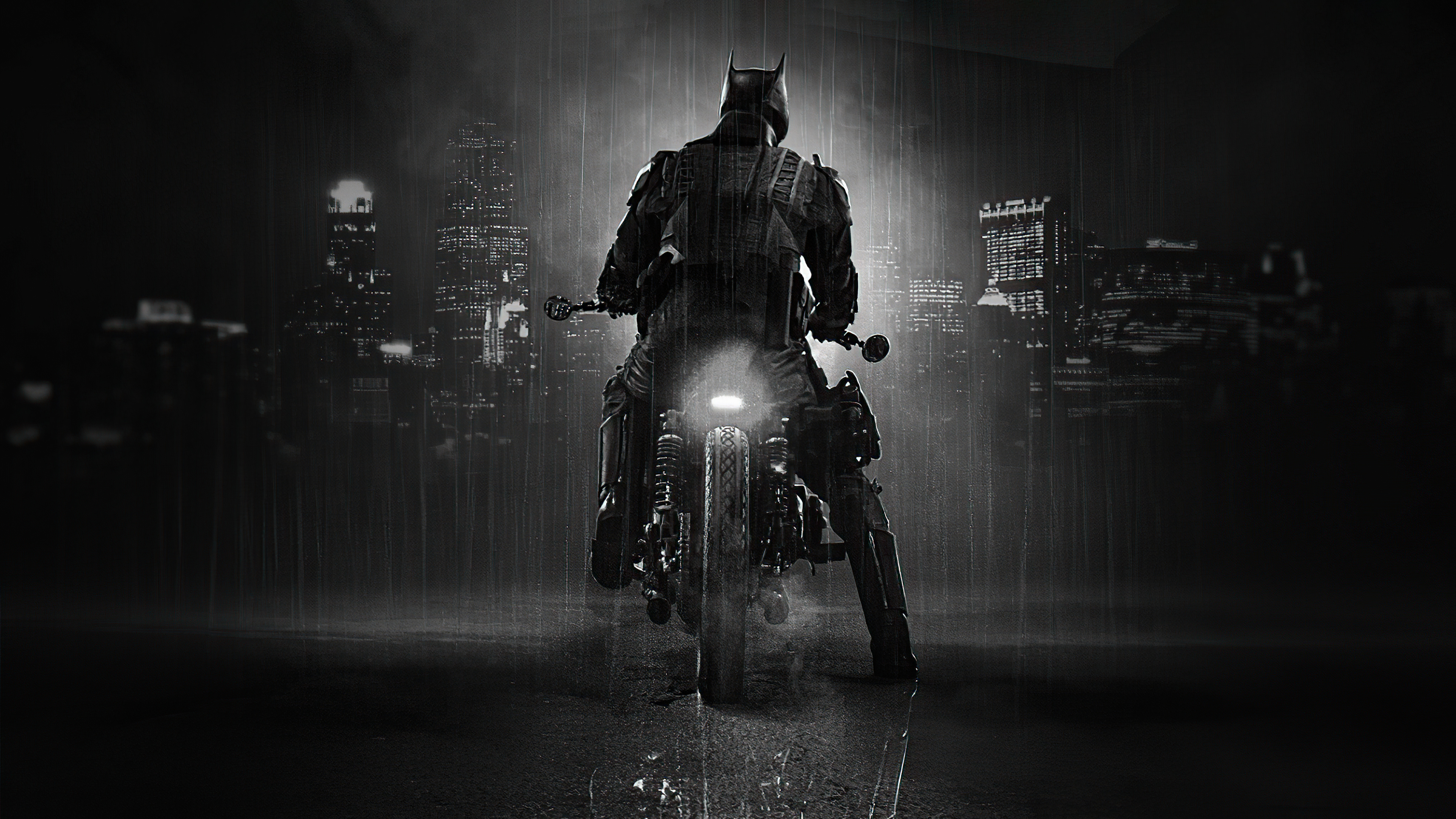 Batman on a motorcycle in the rain HD Wallpaper