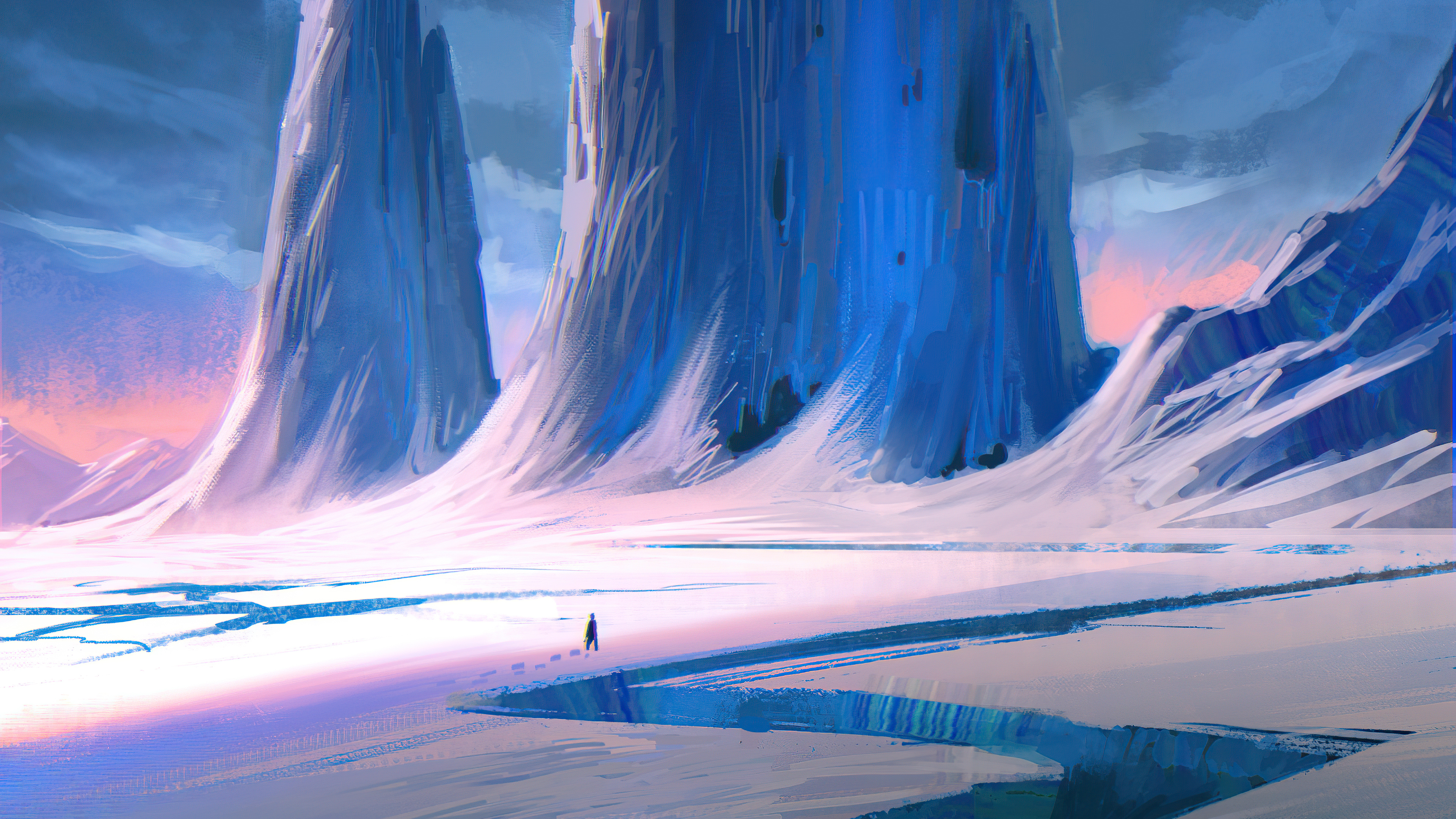 Digital art of a lone figure in a frozen landscape HD Wallpaper
