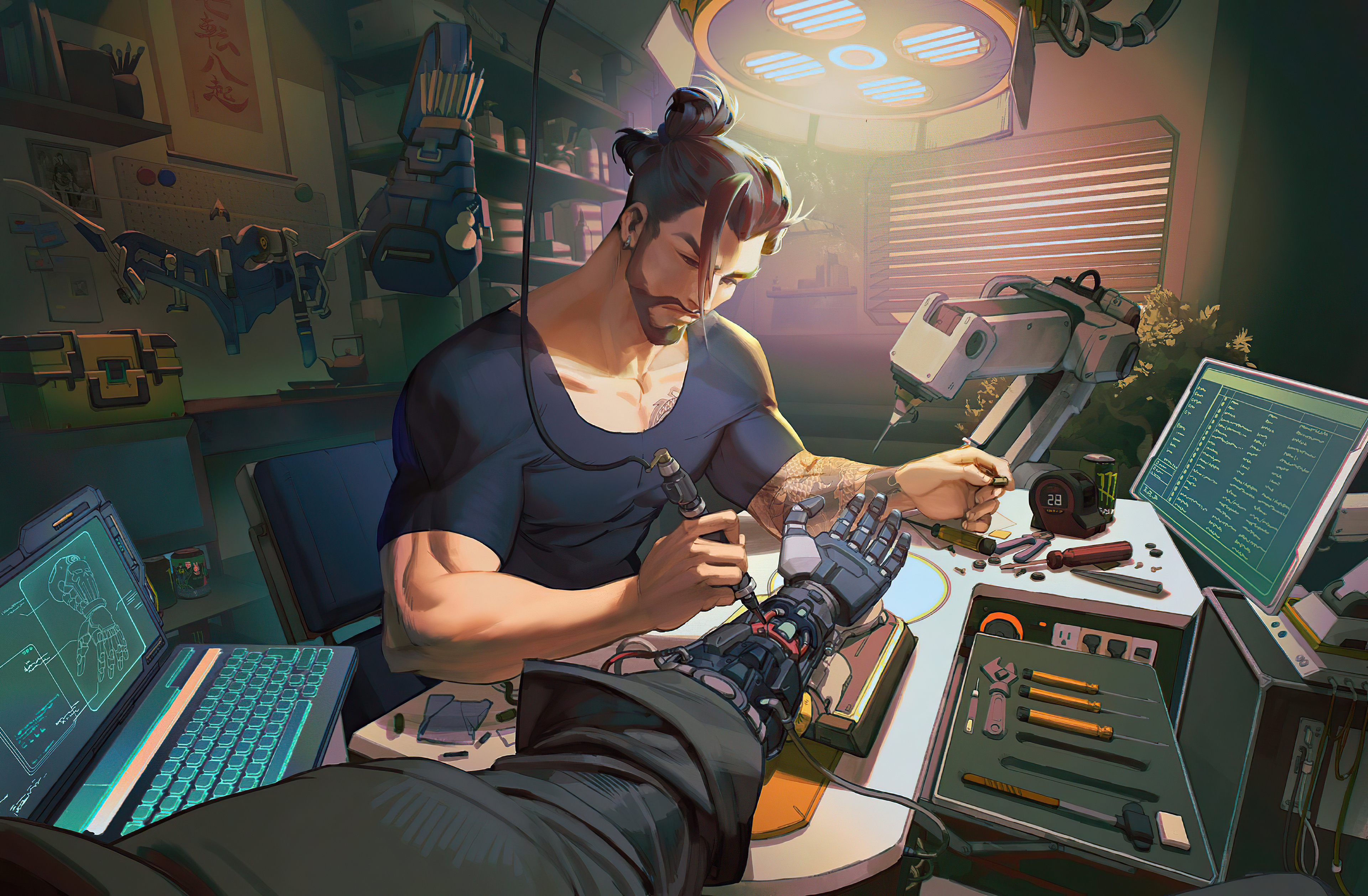 Hanzo from Overwatch working on a prosthetic arm HD Wallpaper