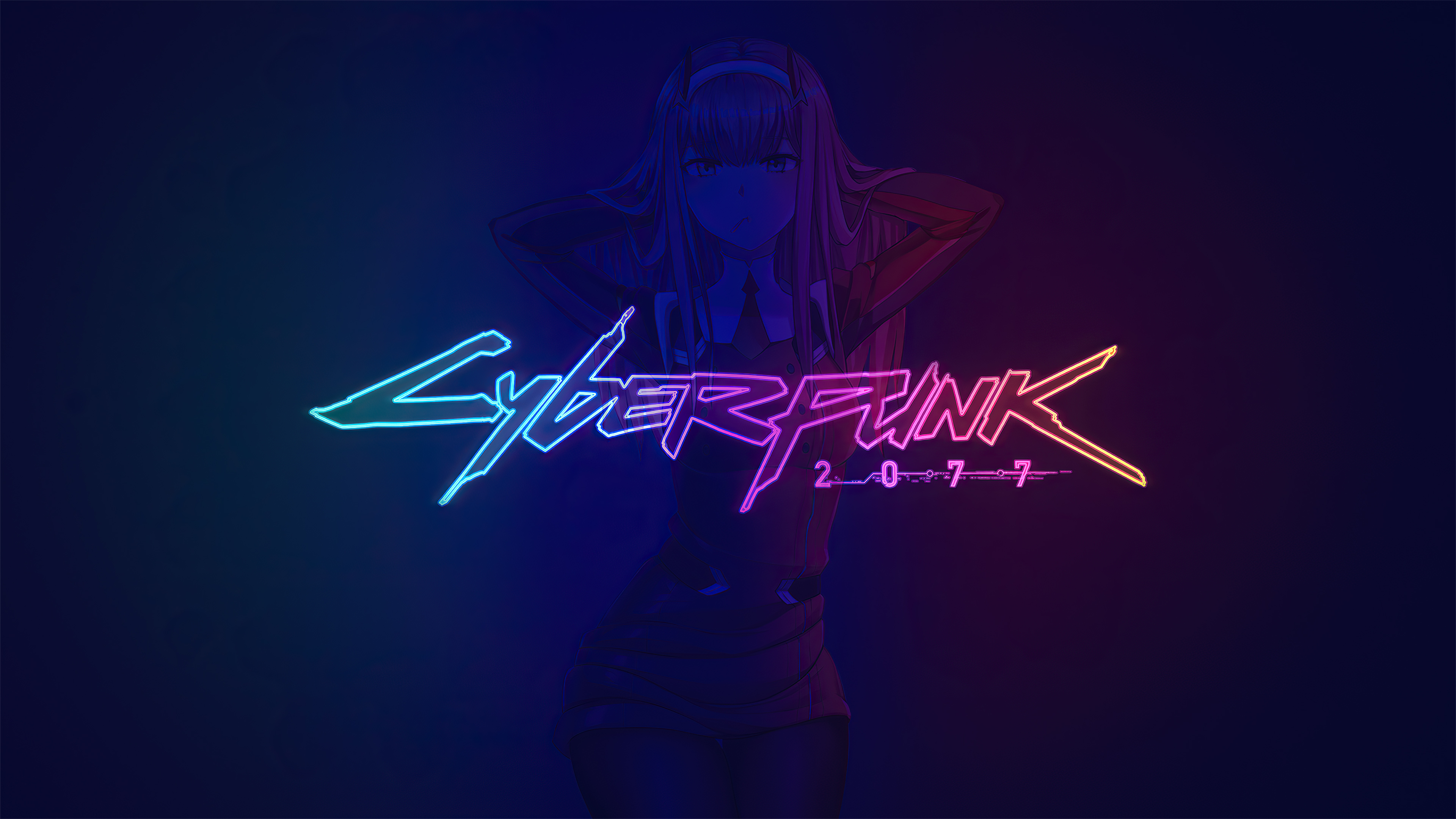 Zero Two from Darling in the Franxx with Cyberpunk 2077 logo HD Wallpaper