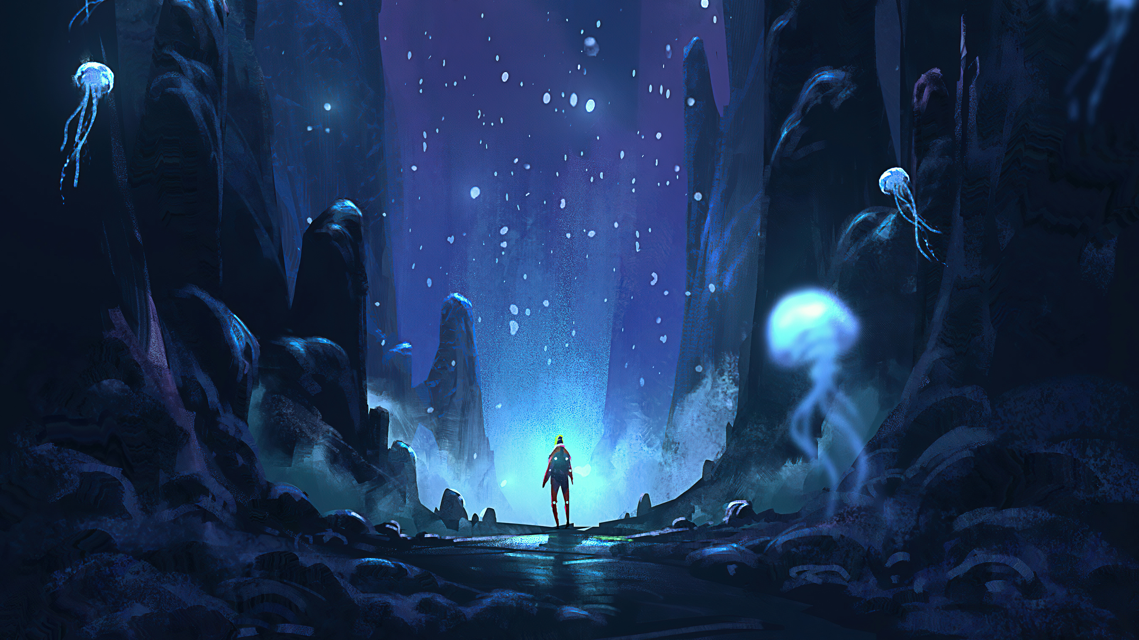 Man in futuristic suit in glowing cave with jellyfish HD Wallpaper