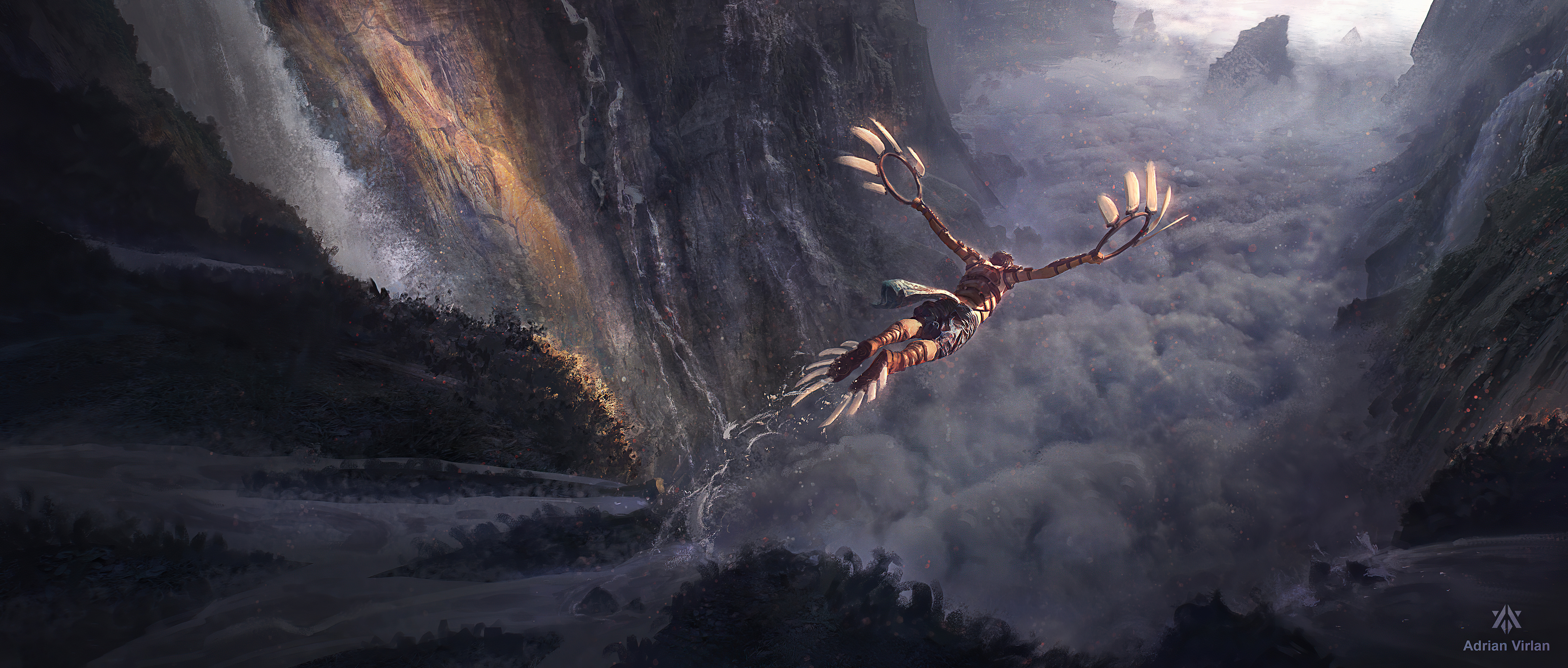 Kyogre from Pokemon falling through a misty canyon HD Wallpaper