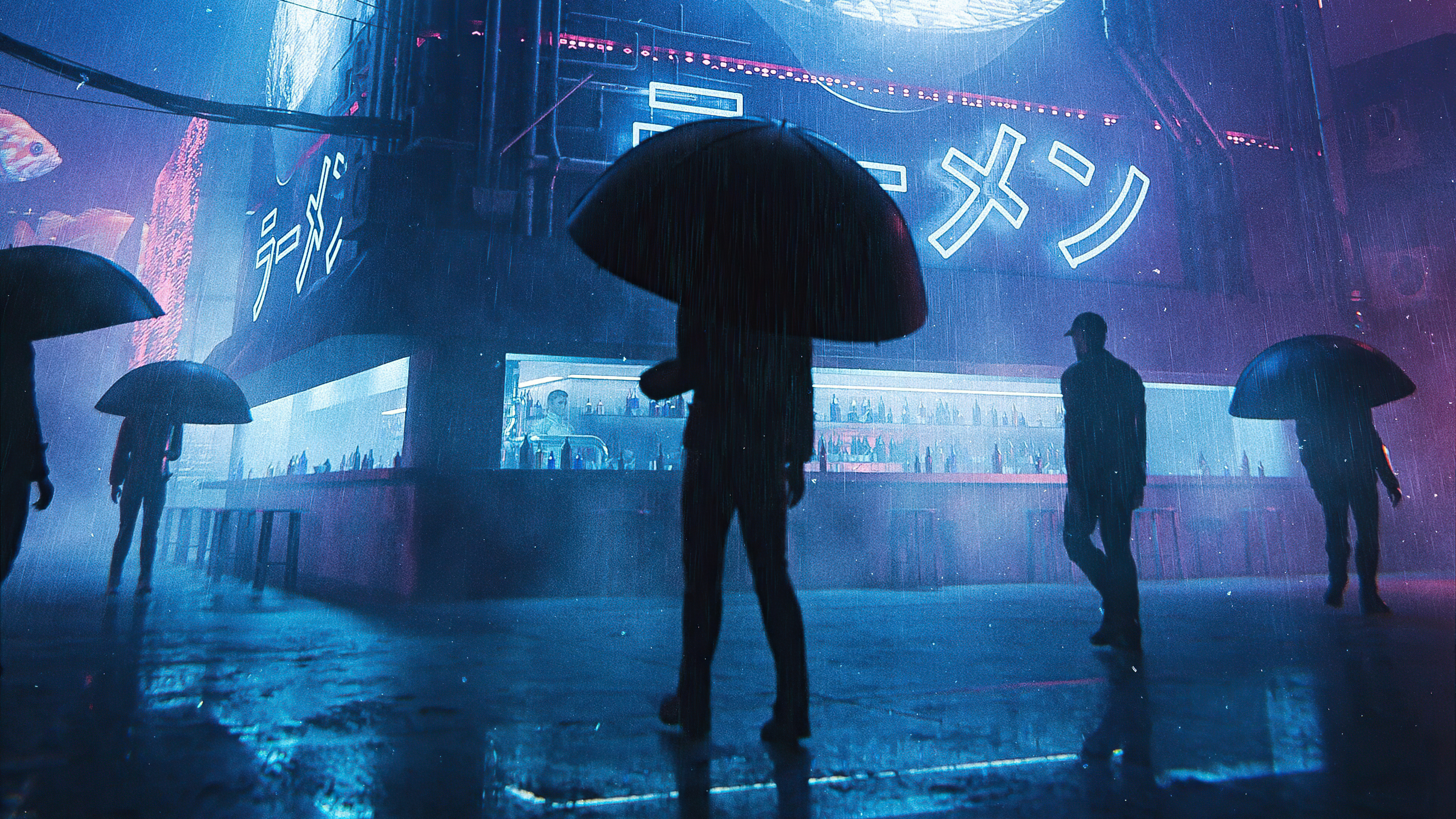 Cyberpunk city street at night with people holding umbrellas HD Wallpaper