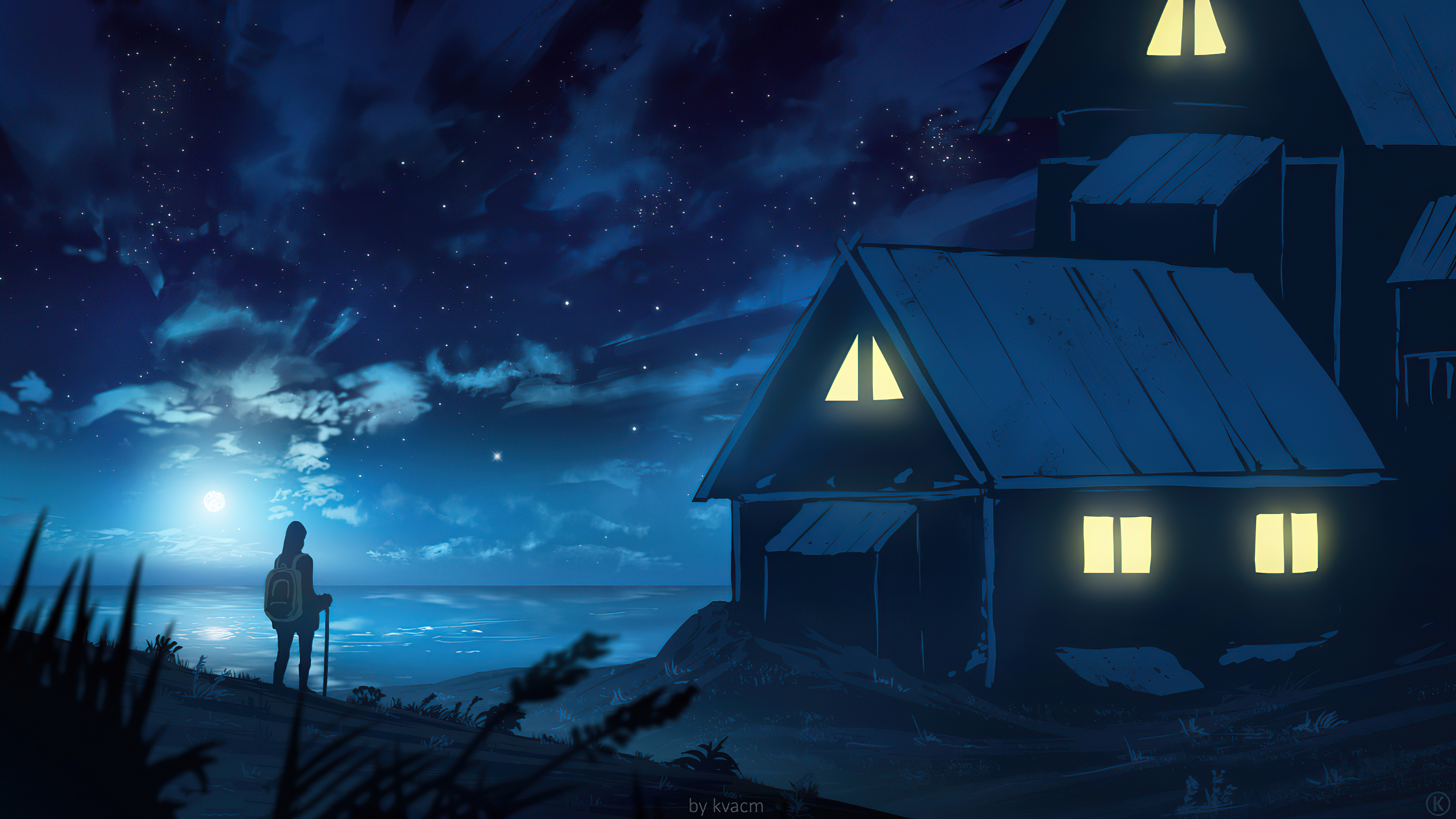Digital art of a person by the sea at night HD Wallpaper