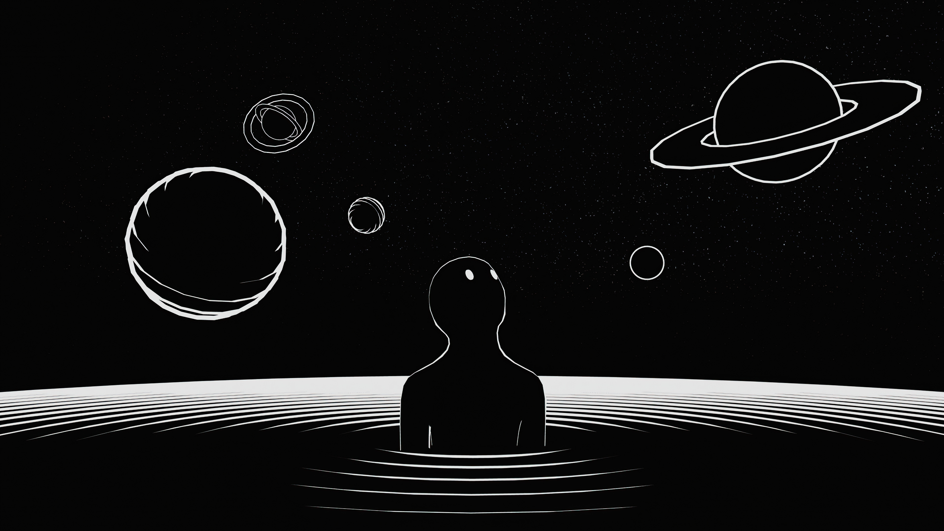Silhouette in Space with Planets HD Wallpaper