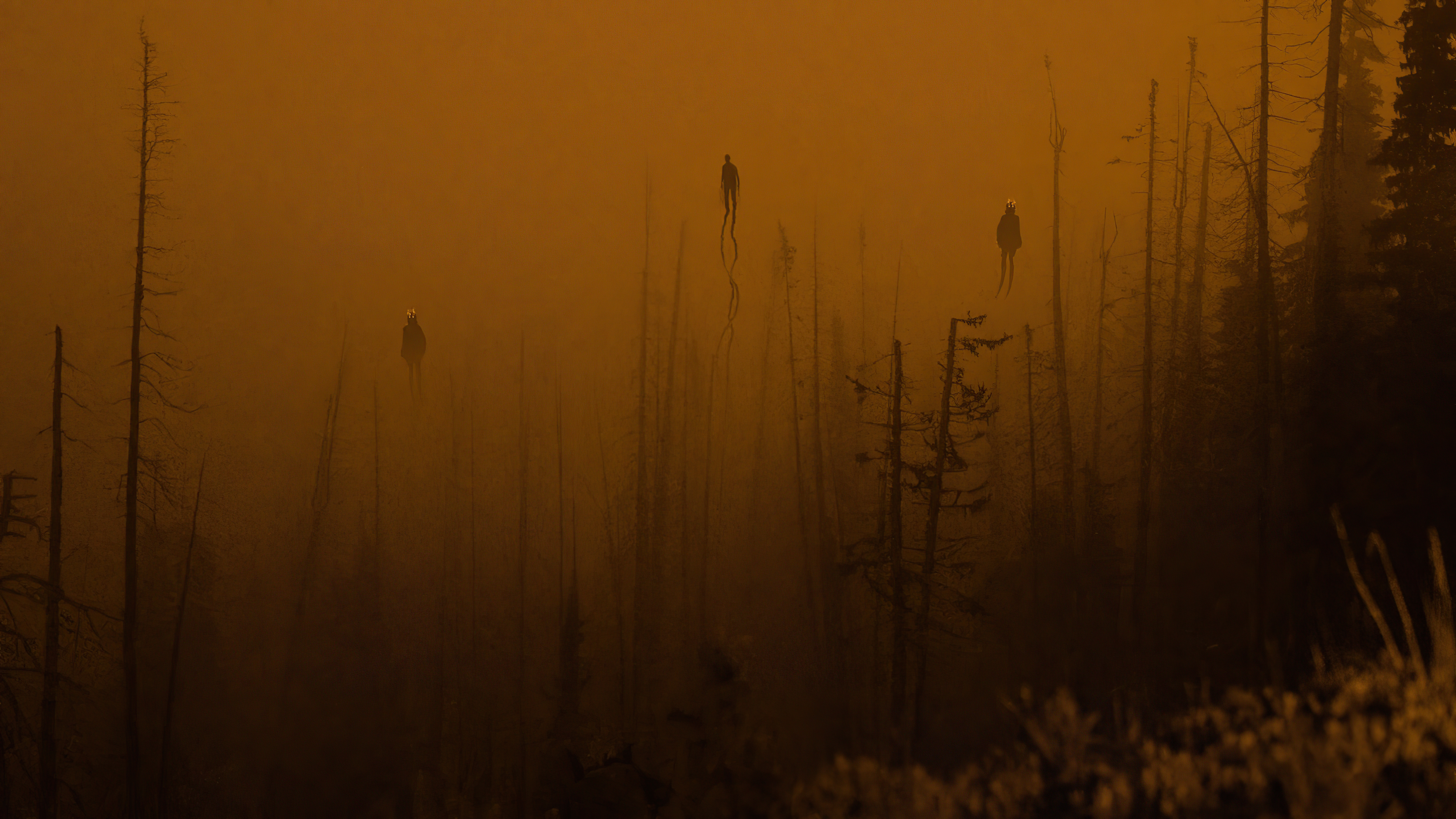 Three figures levitating in a smoky forest HD Wallpaper