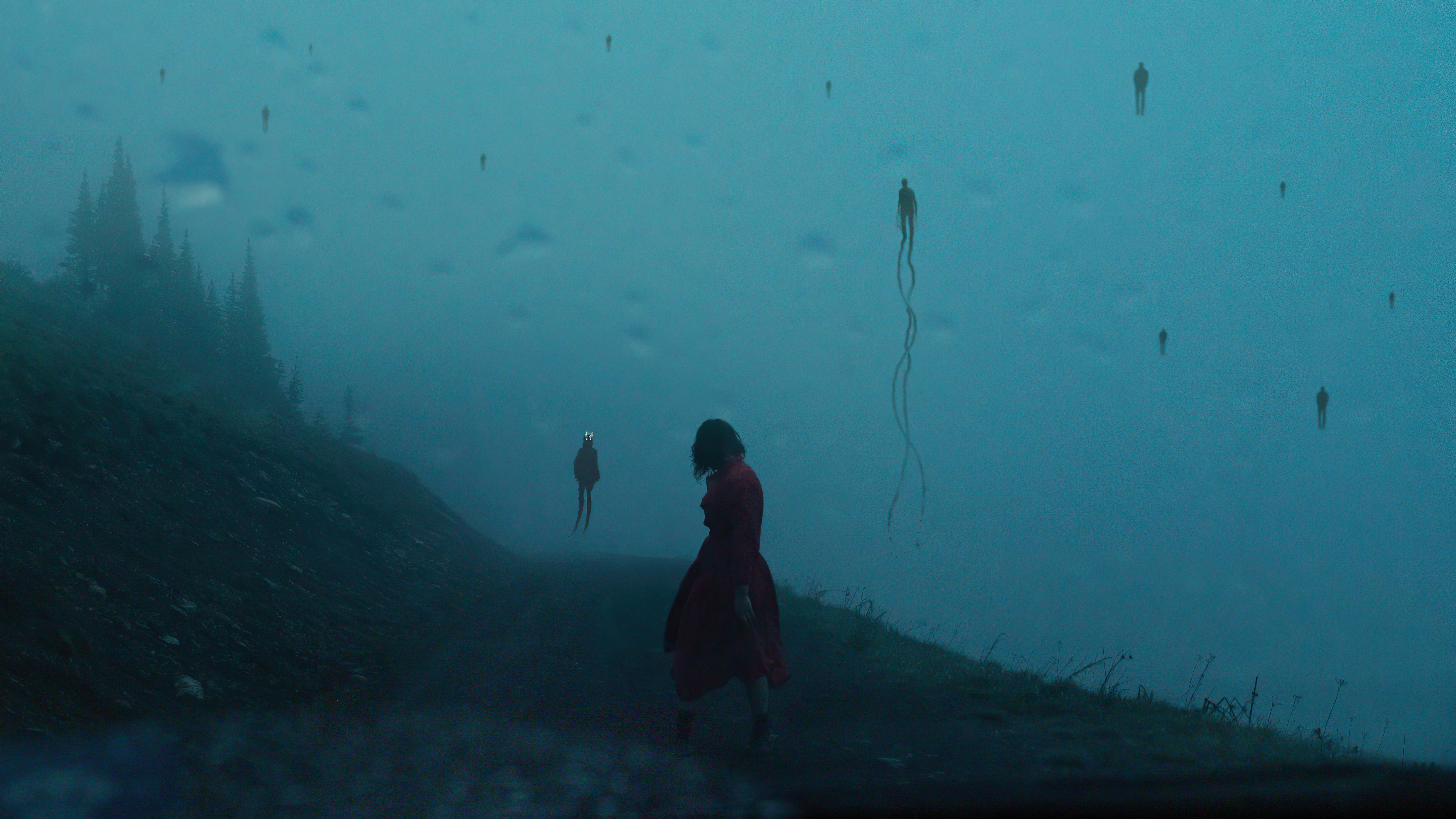 Digital artwork of figures in a foggy landscape HD Wallpaper