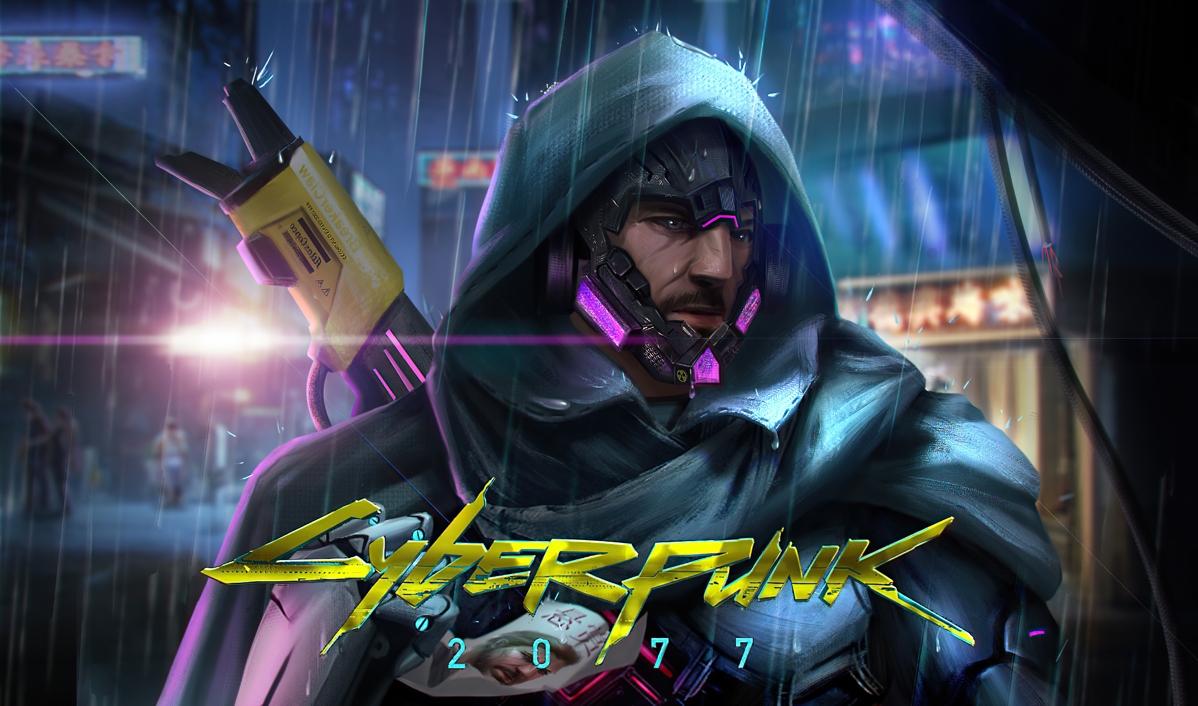 Cyberpunk 2077 character with futuristic weapon in rain HD Wallpaper