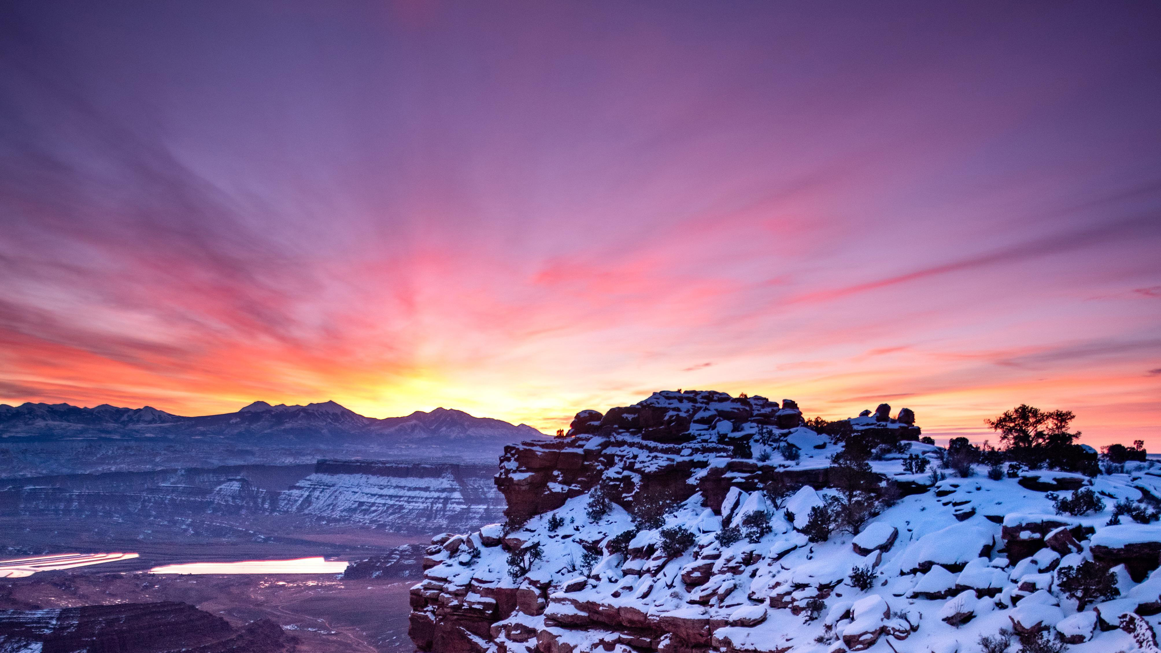 Desert landscape with snow and colorful sunset HD Wallpaper