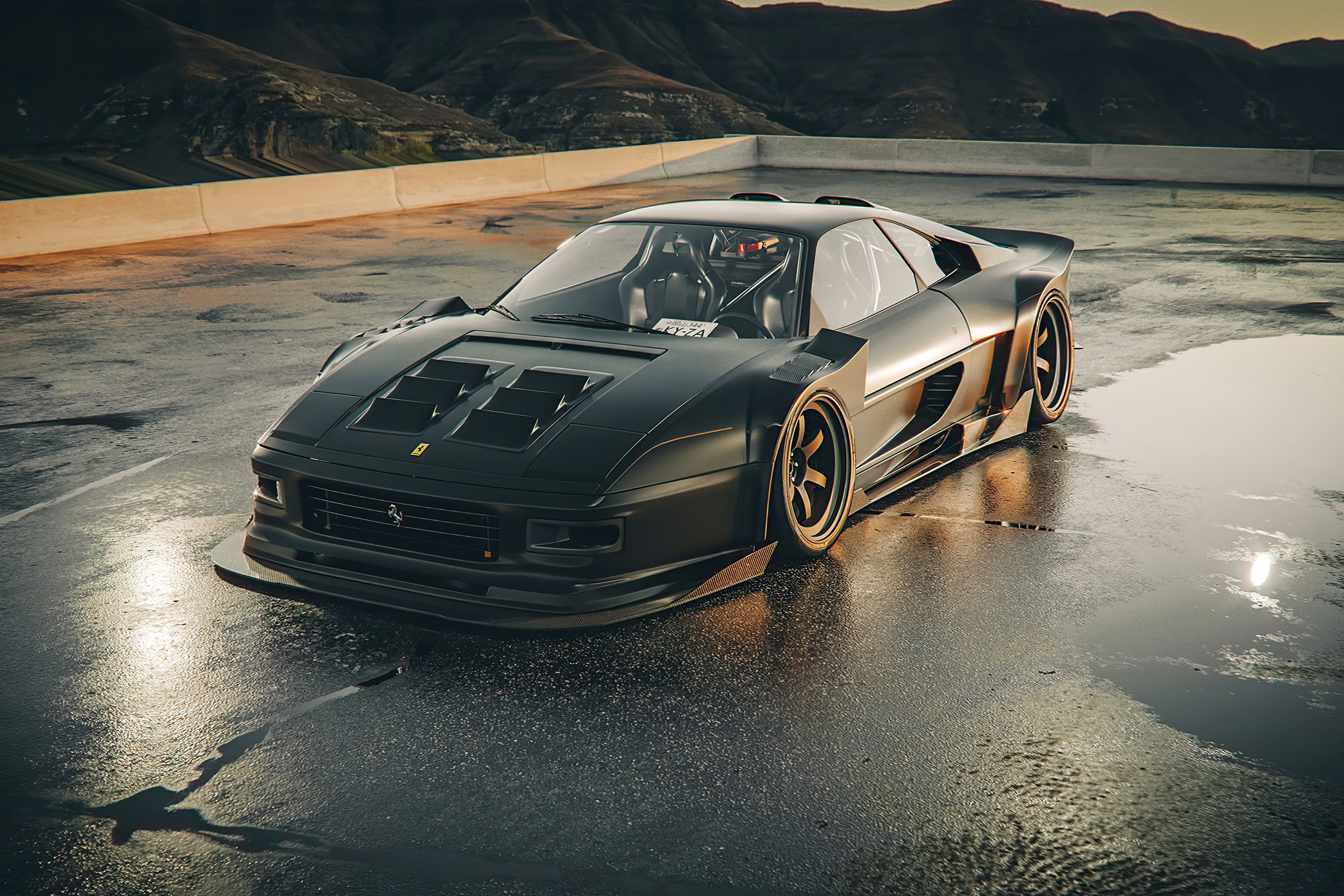 Black Ferrari F355 with widebody kit on wet asphalt HD Wallpaper