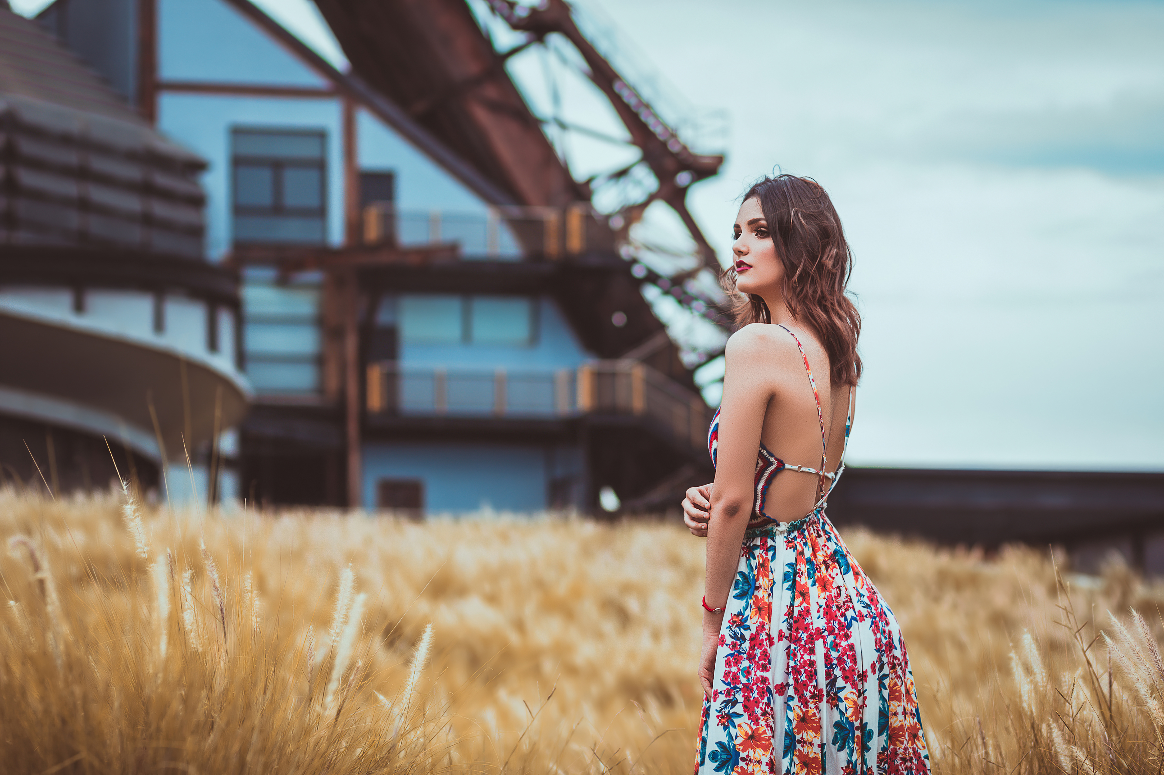 Girl in floral dress in a field with industrial background HD Wallpaper