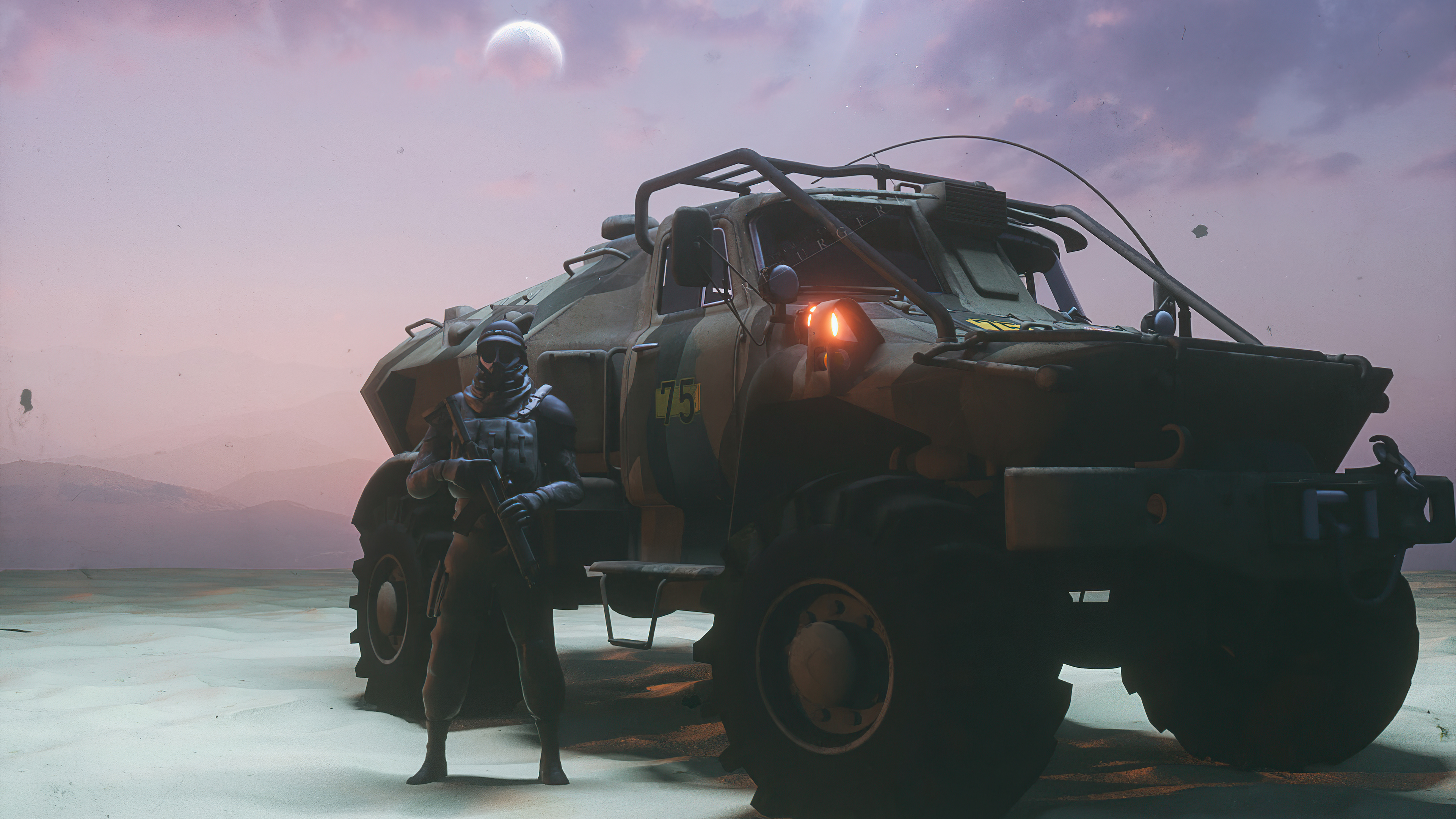Soldier with military vehicle on alien planet HD Wallpaper