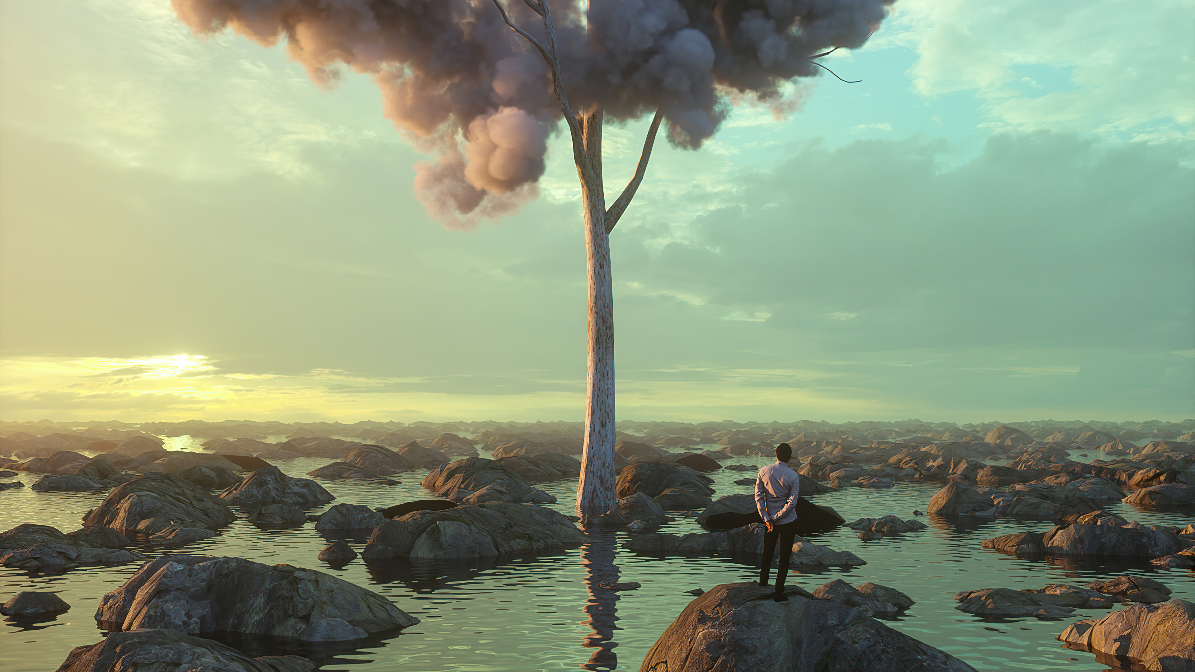 Man standing on rocks near a tree in a surreal landscape HD Wallpaper
