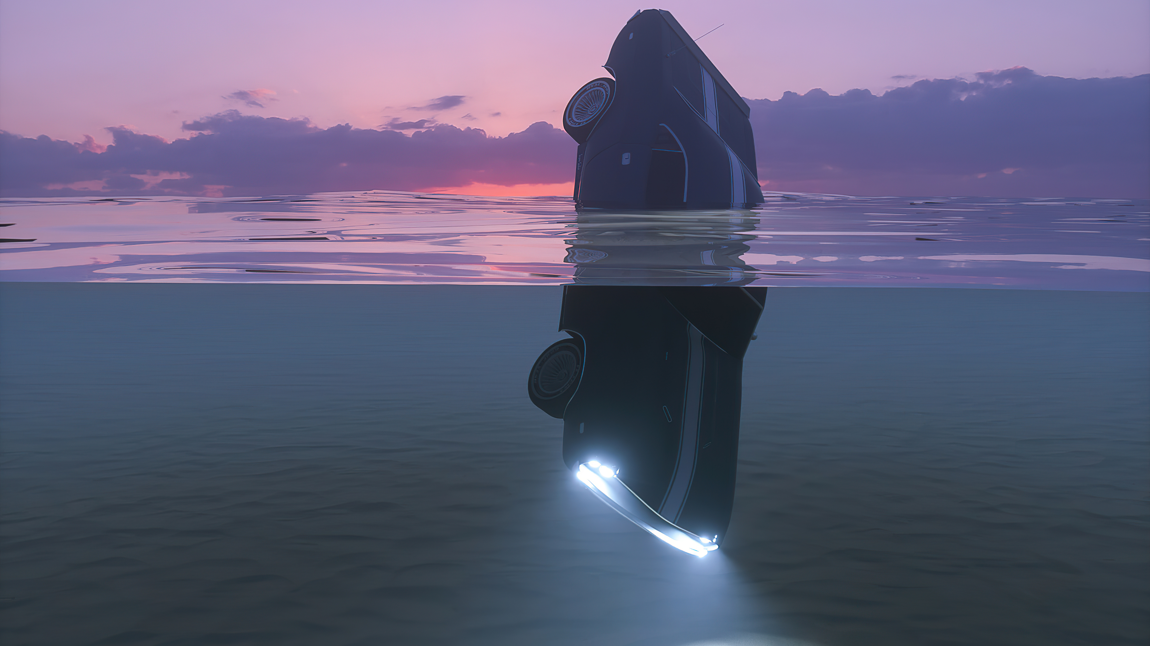 Upside down car submerged in water at sunset HD Wallpaper