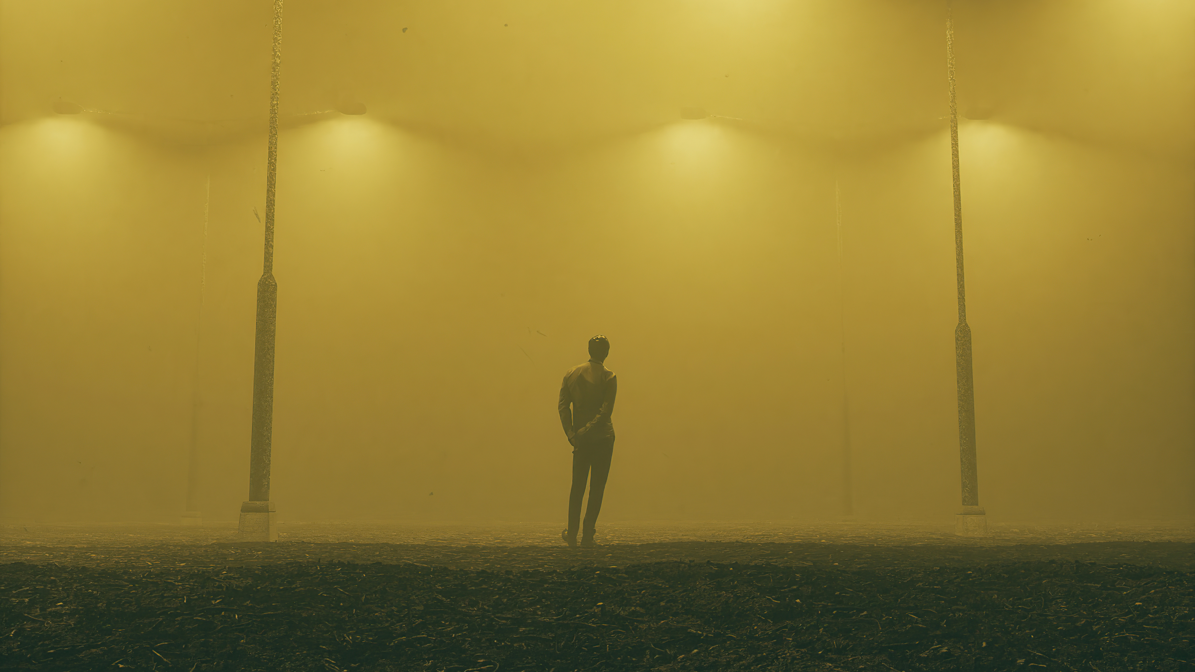 Artist standing in a foggy environment with streetlights HD Wallpaper