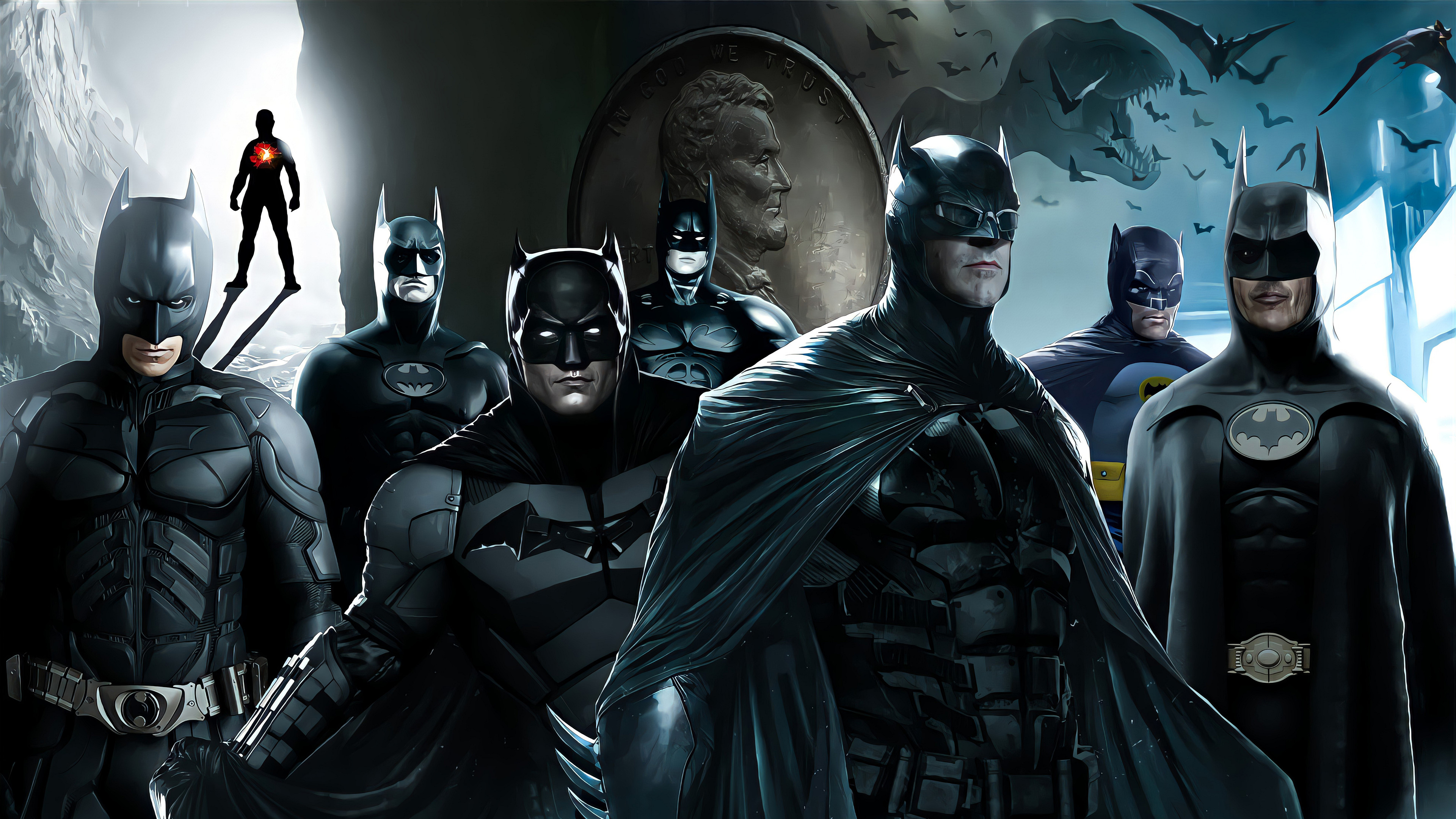 Multiple Batman versions with Abraham Lincoln coin and dinosaur HD Wallpaper