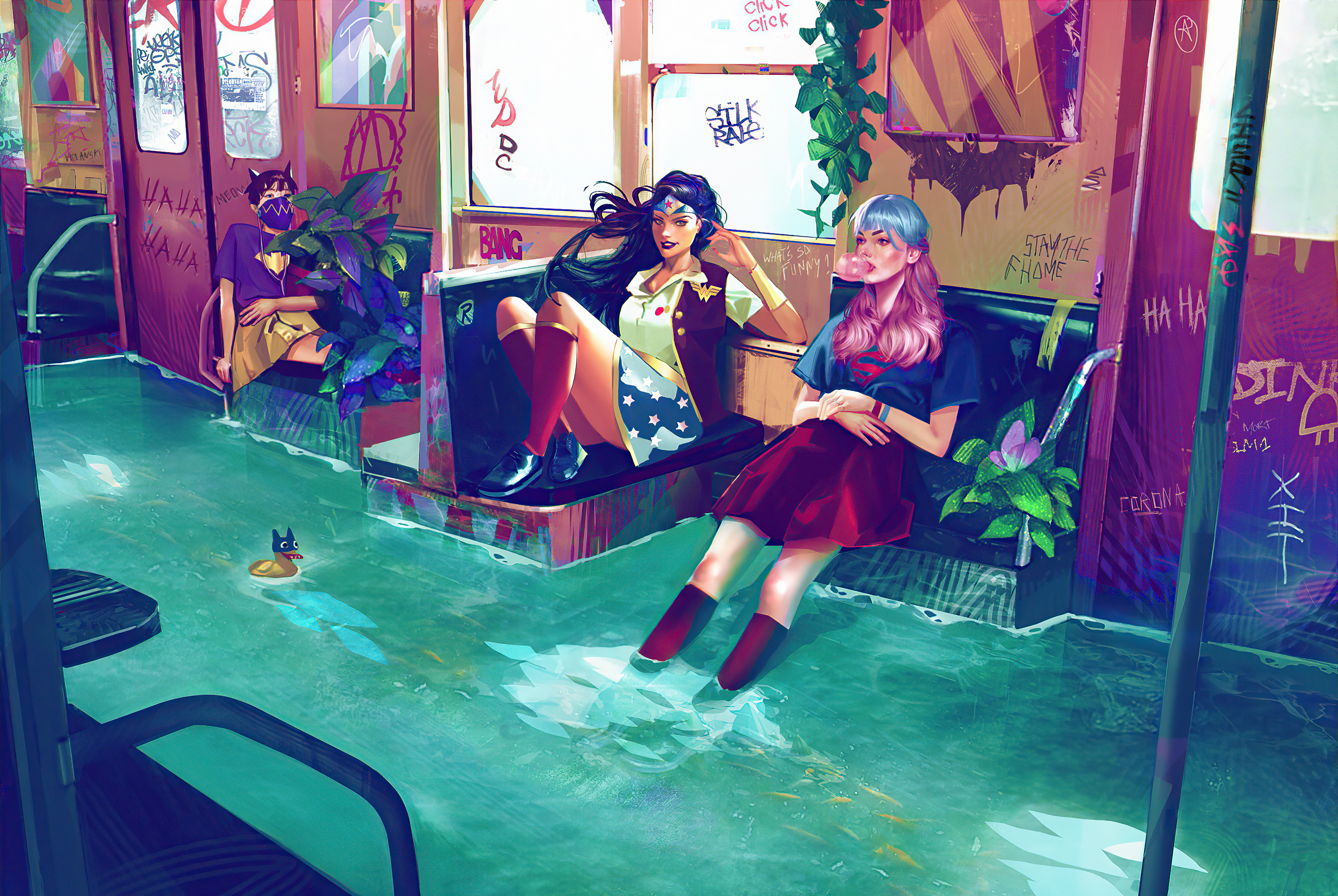 Wonder Woman and Supergirl on a flooded subway HD Wallpaper