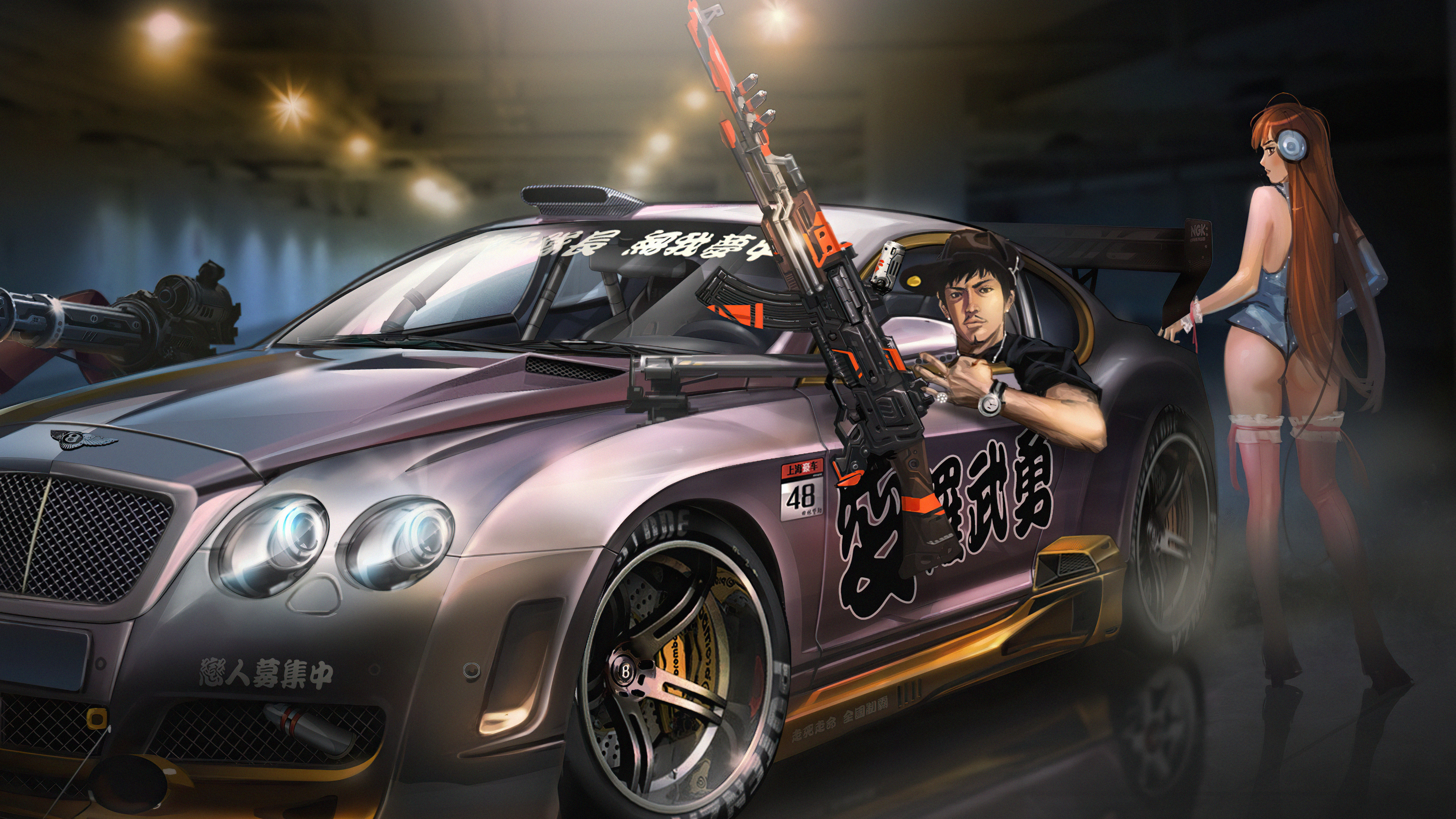 Man with guns and woman next to modified car HD Wallpaper