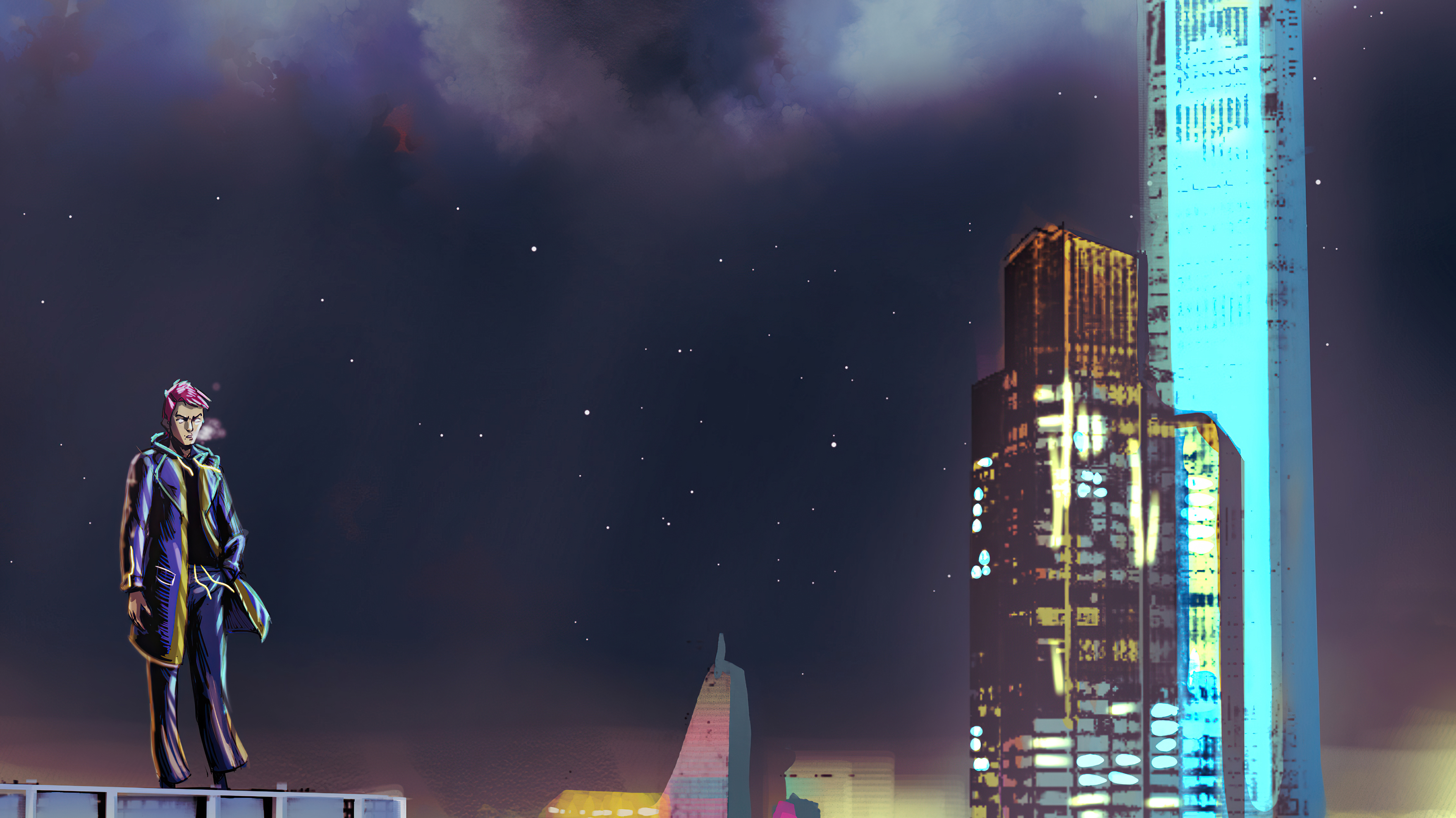 Man on rooftop overlooking city at night HD Wallpaper