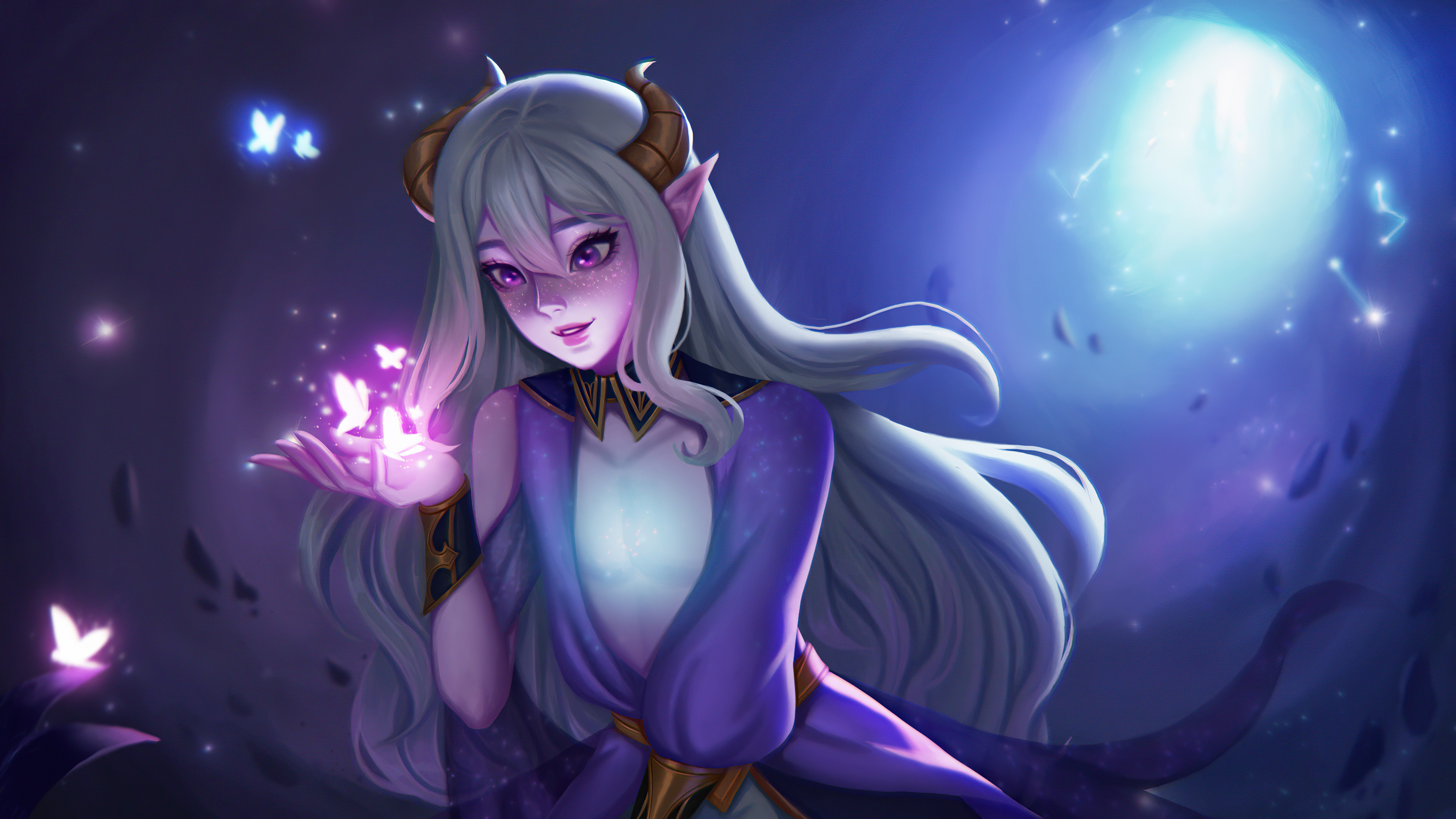 Fantasy girl with horns and butterflies HD Wallpaper