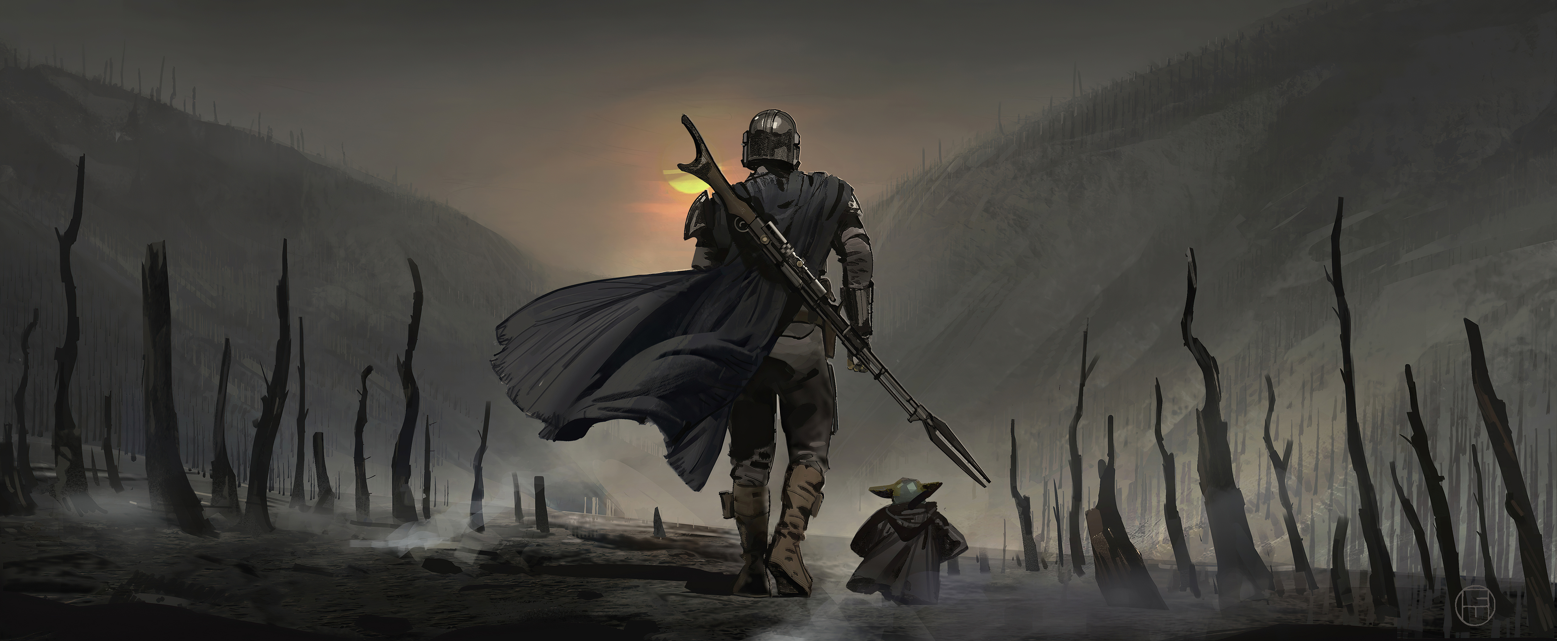 The Mandalorian and Grogu in a desolate landscape HD Wallpaper