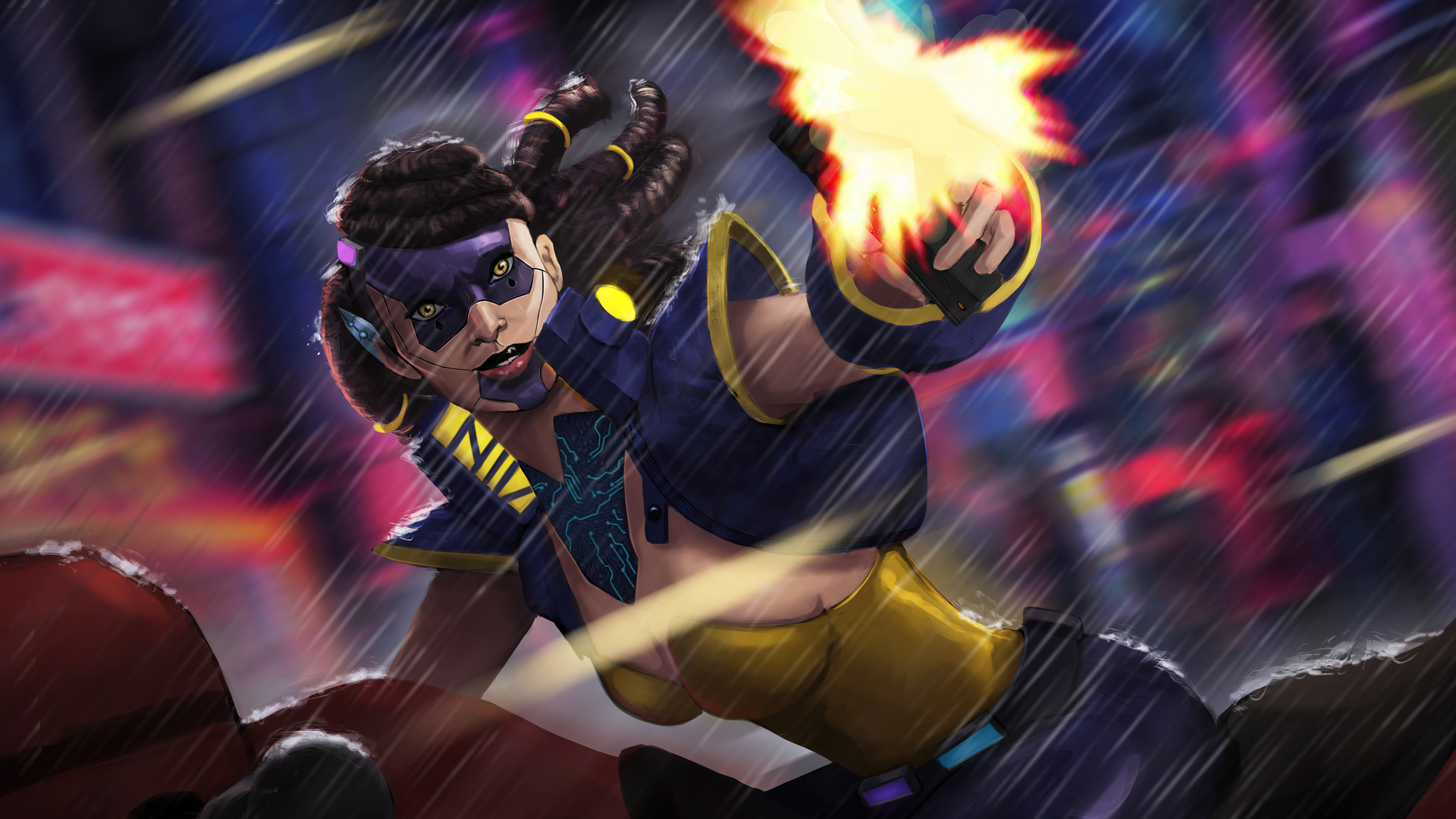 Cyberpunk 2077 character firing a gun in the rain HD Wallpaper