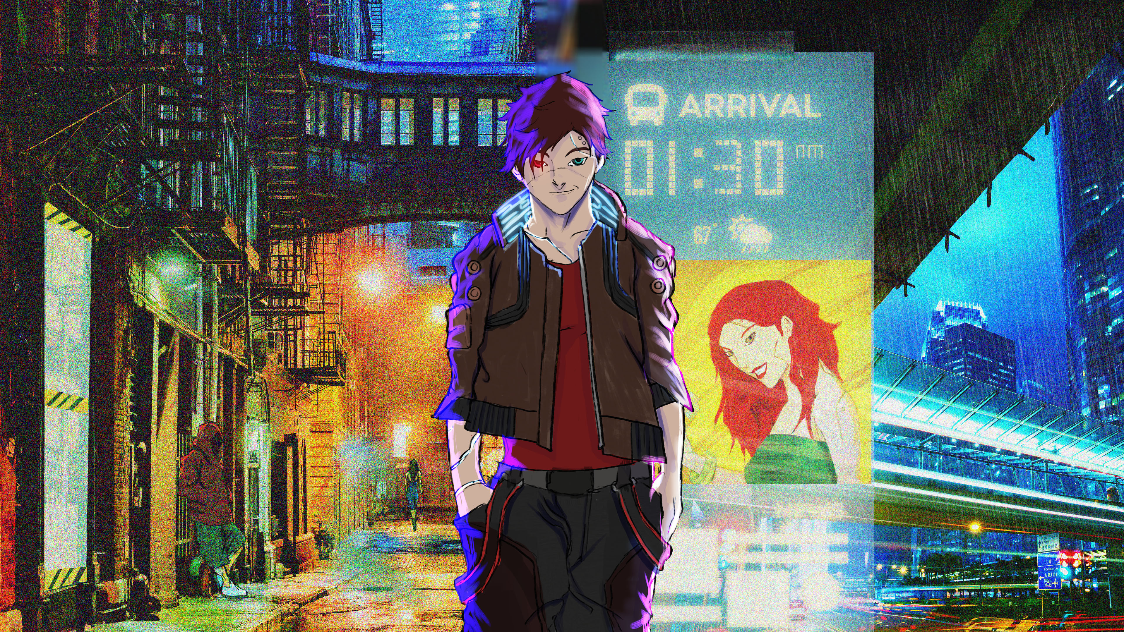 Anime boy in cyberpunk city HD Wallpaper