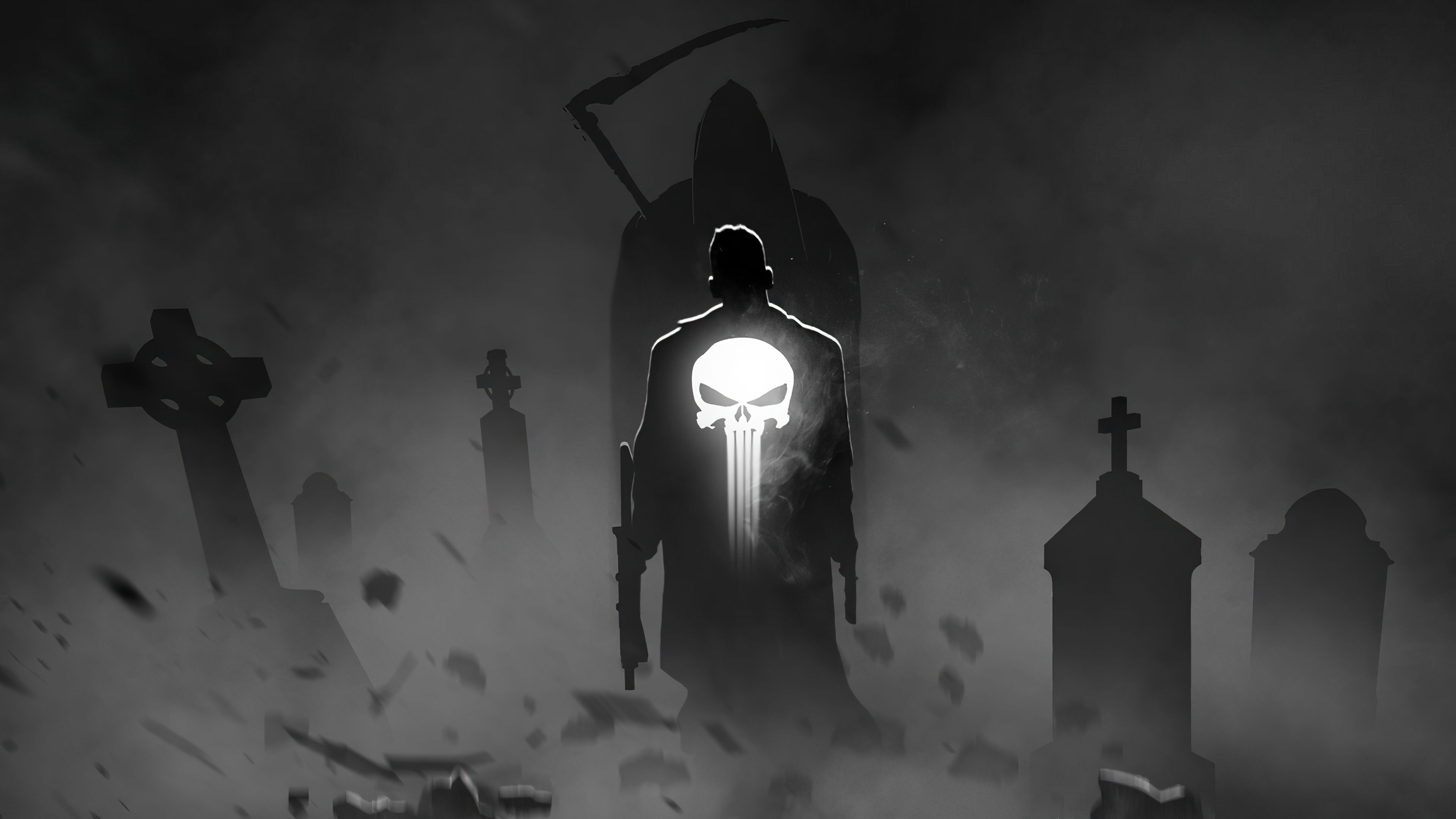 The Punisher in a graveyard with Grim Reaper HD Wallpaper