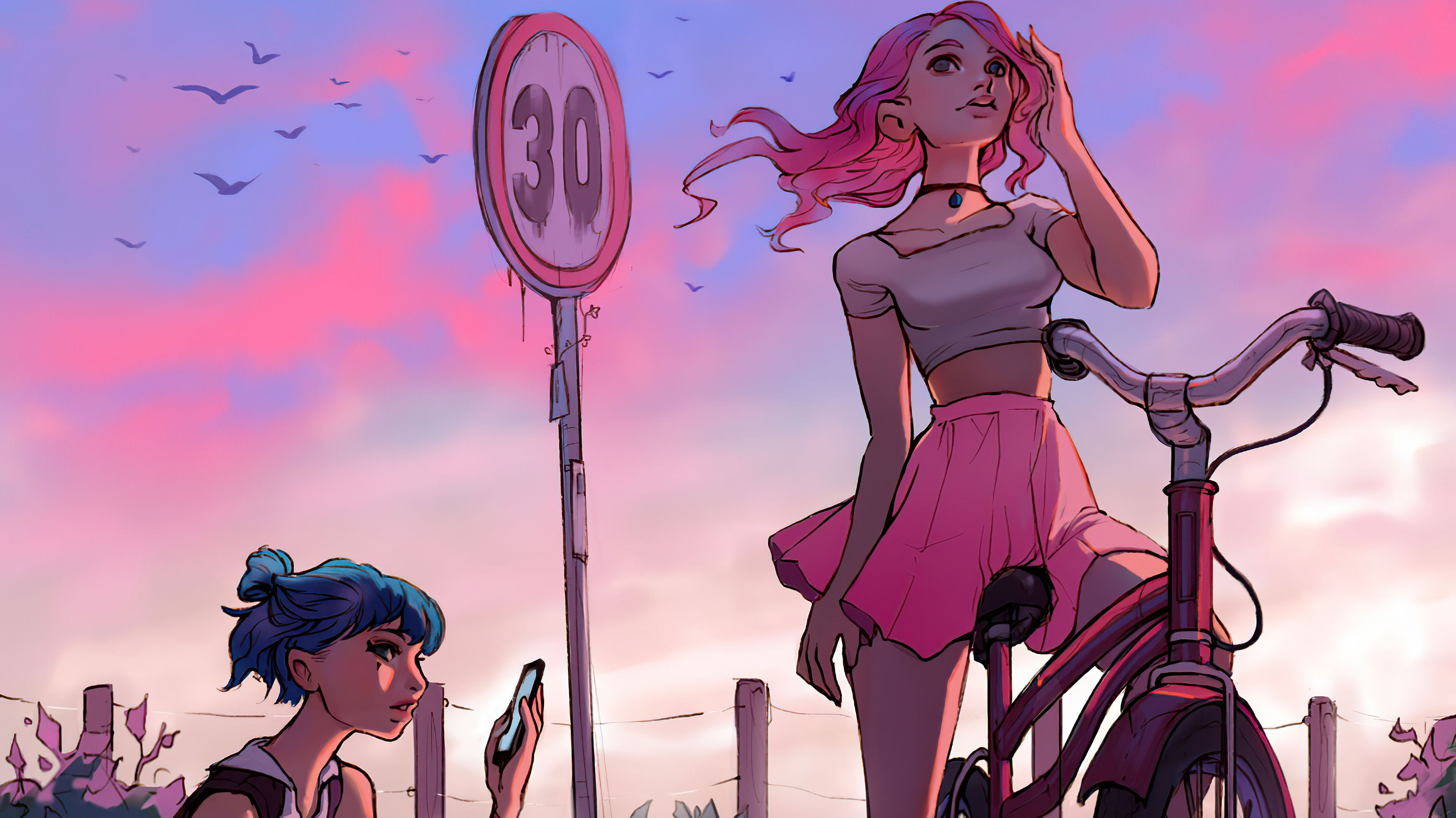 Two girls with a bicycle under a pink sky HD Wallpaper